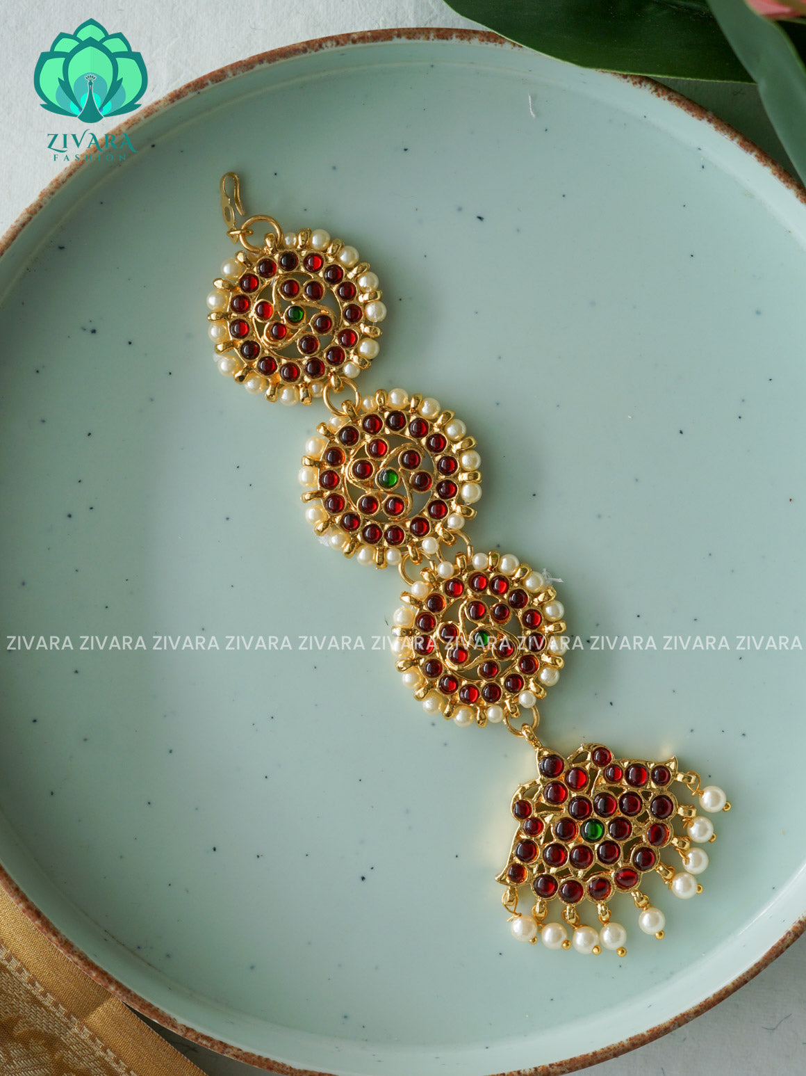 RED AND GREEN-DHARA -TRADITIONAL KEMP CHUTTI/TIKKA  - latest kemp dance jewellery collection