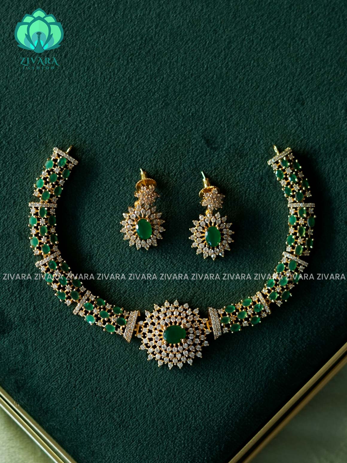 GREEN STONE HASLI ELEGANT NECKWEAR  - Traditional PREMIUM neckwear with earrings- Zivara Fashion