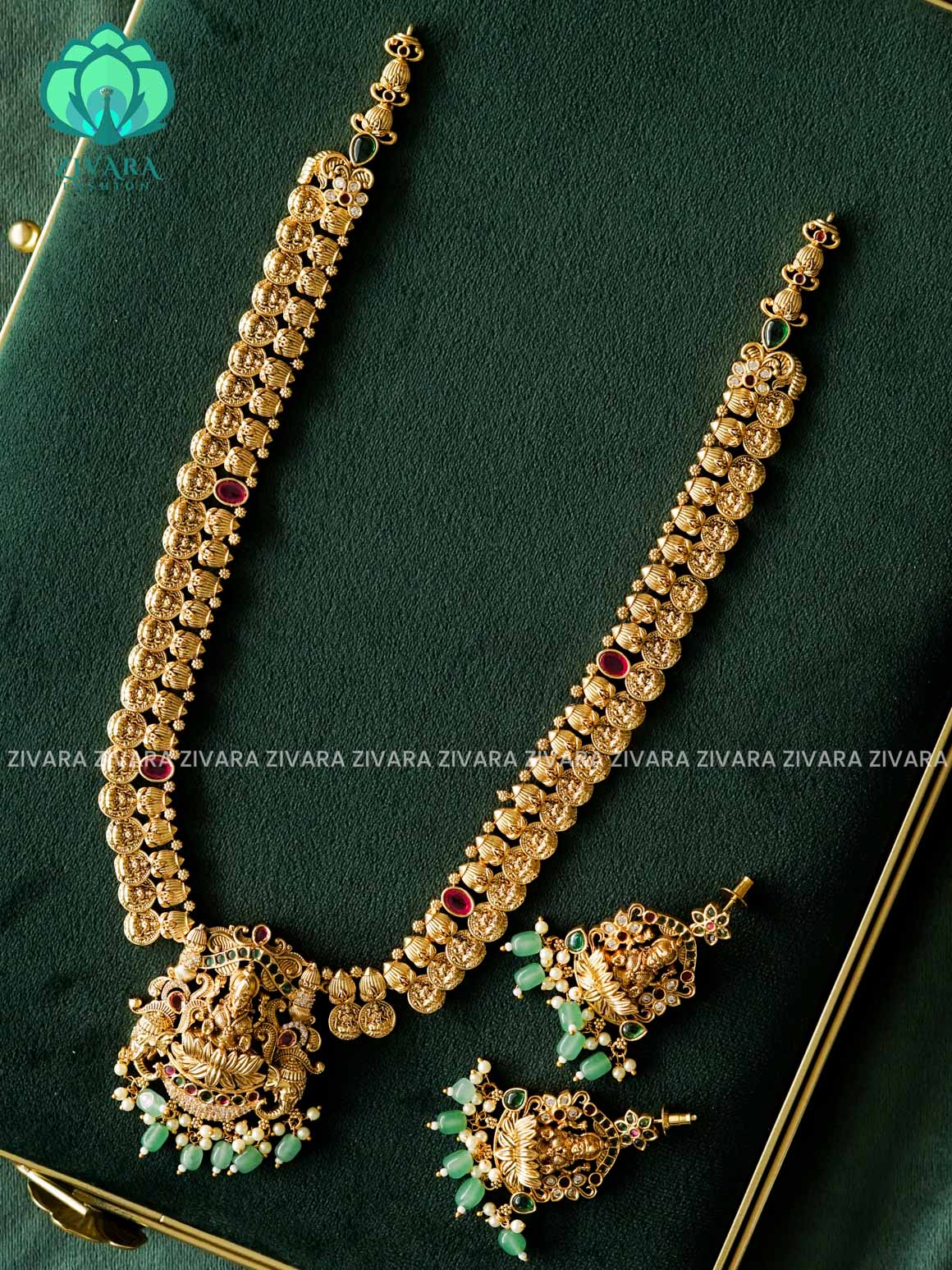 LAKSHMI BRIDAL  HAARAM - Traditional PREMIUM MATTE polish MIDCHEST haaram/neckwear with earrings- Zivara Fashion