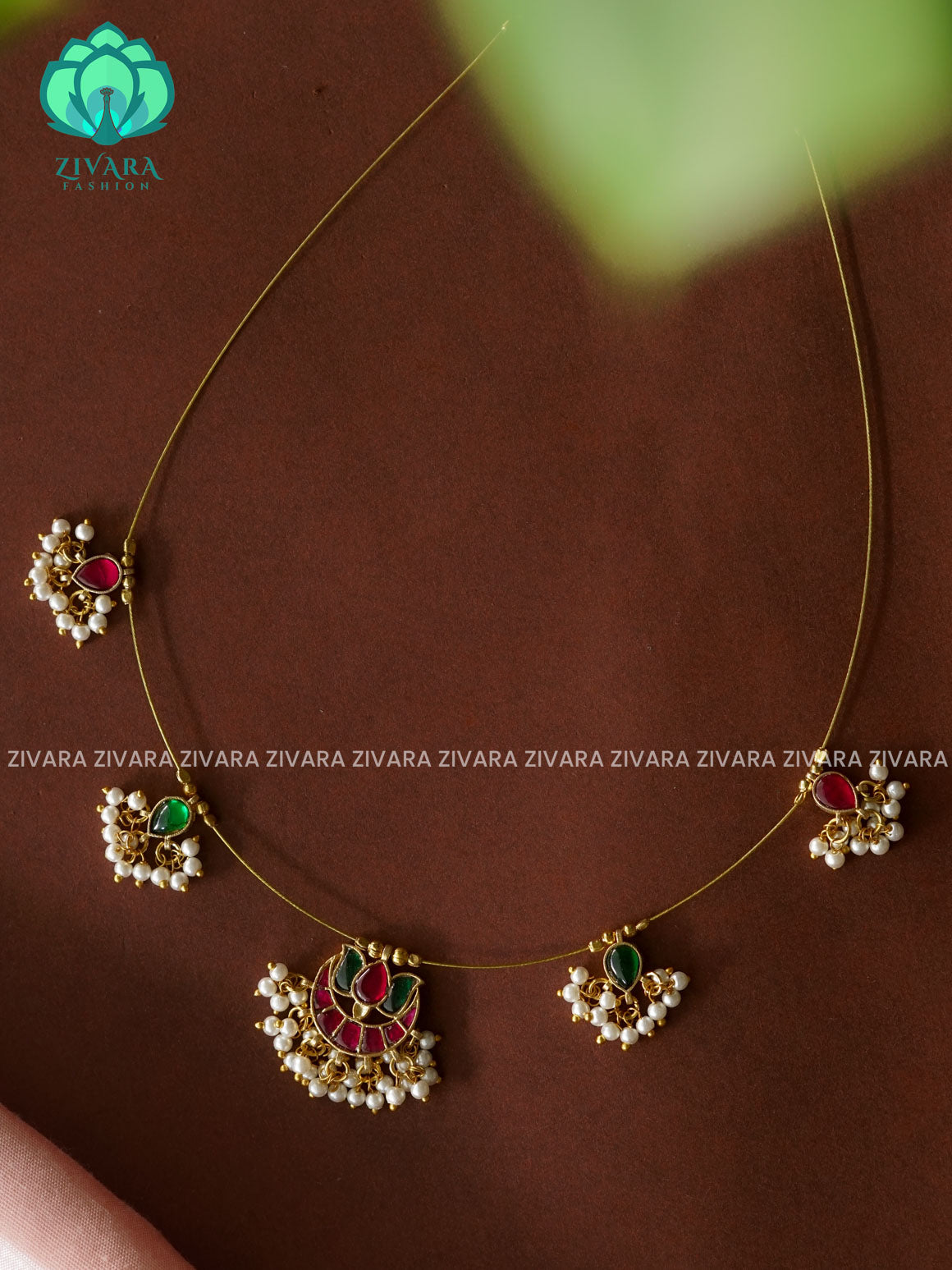 RUBY AND GREEN MOON JADAU TAMARA INVISIBLE MINIMAL ELEGANT HANDMADE NECKLACE WITH BRILLIANT FINISH MOTIFS- ZIVARA FASHION