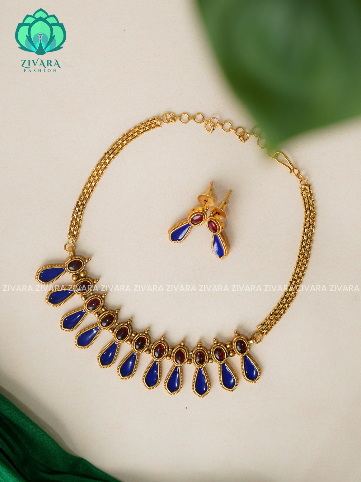 BLUE ENAMEL - Traditional south indian NORMAL MATTE PALLAKAD neckwear with earrings- Zivara Fashion- latest jewellery design