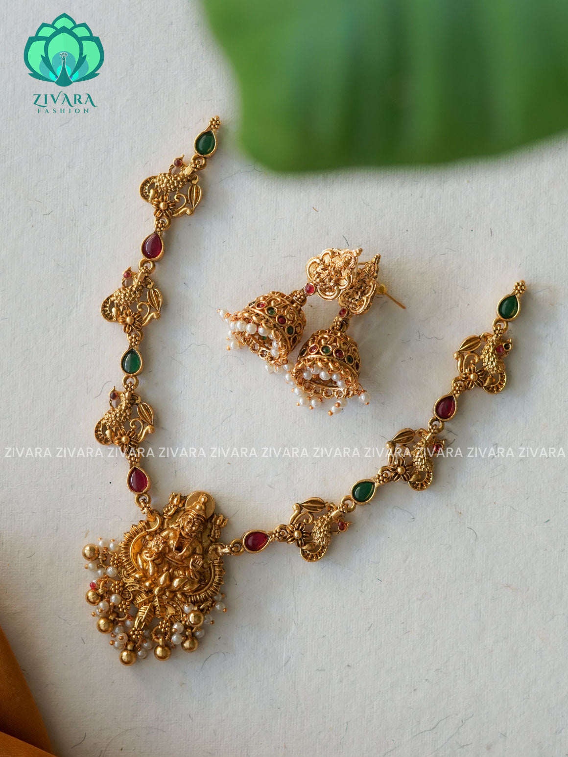 RUBY AND GREEN TEMPLE - Traditional south indian NORMAL MATTE neckwear with earrings - Zivara Fashion