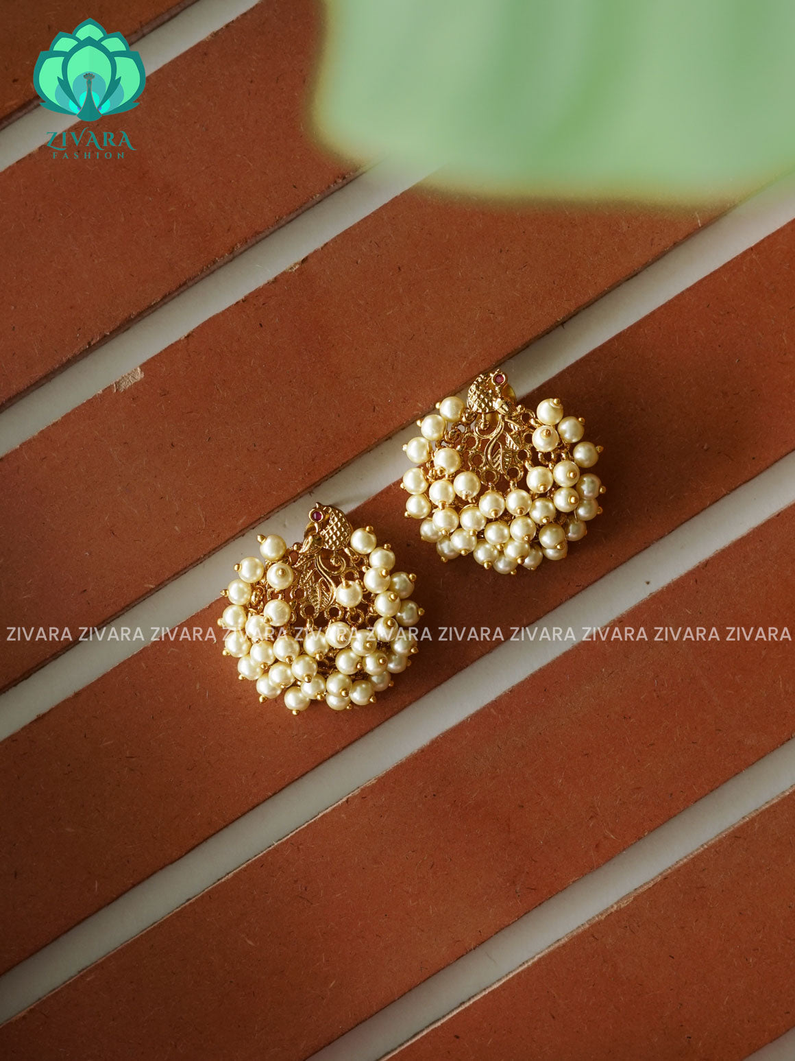 PEACOCK - PEARL CLUSTER-  TRADITIONAL PREMIUM MATTE  polish STUDS- latest jewellery collection- zivara fashion