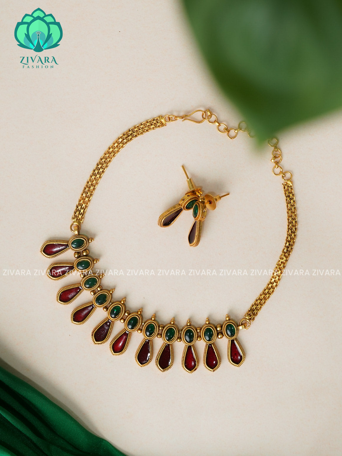 RUBY ENAMEL - Traditional south indian NORMAL MATTE PALLAKAD neckwear with earrings- Zivara Fashion- latest jewellery design