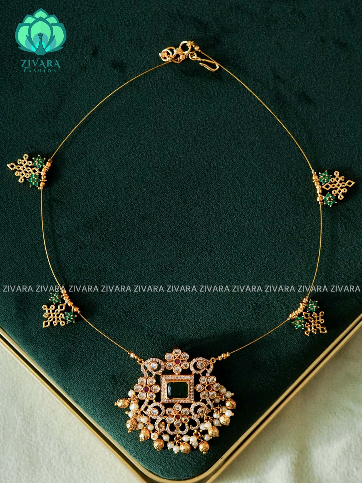 KAMALI - GREEN  -TAMARA INVISIBLE MINIMAL ELEGANT HANDMADE NECKLACE WITH BRILLIANT FINISH MOTIFS- ZIVARA FASHION