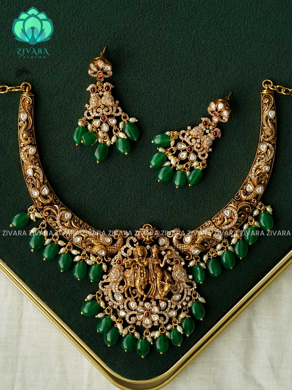 AKSHAYAM - RADHA KRISHNA NECKWEAR with green beads hangings - premium neckwear with earrings- Zivara Fashion- latest jewellery design