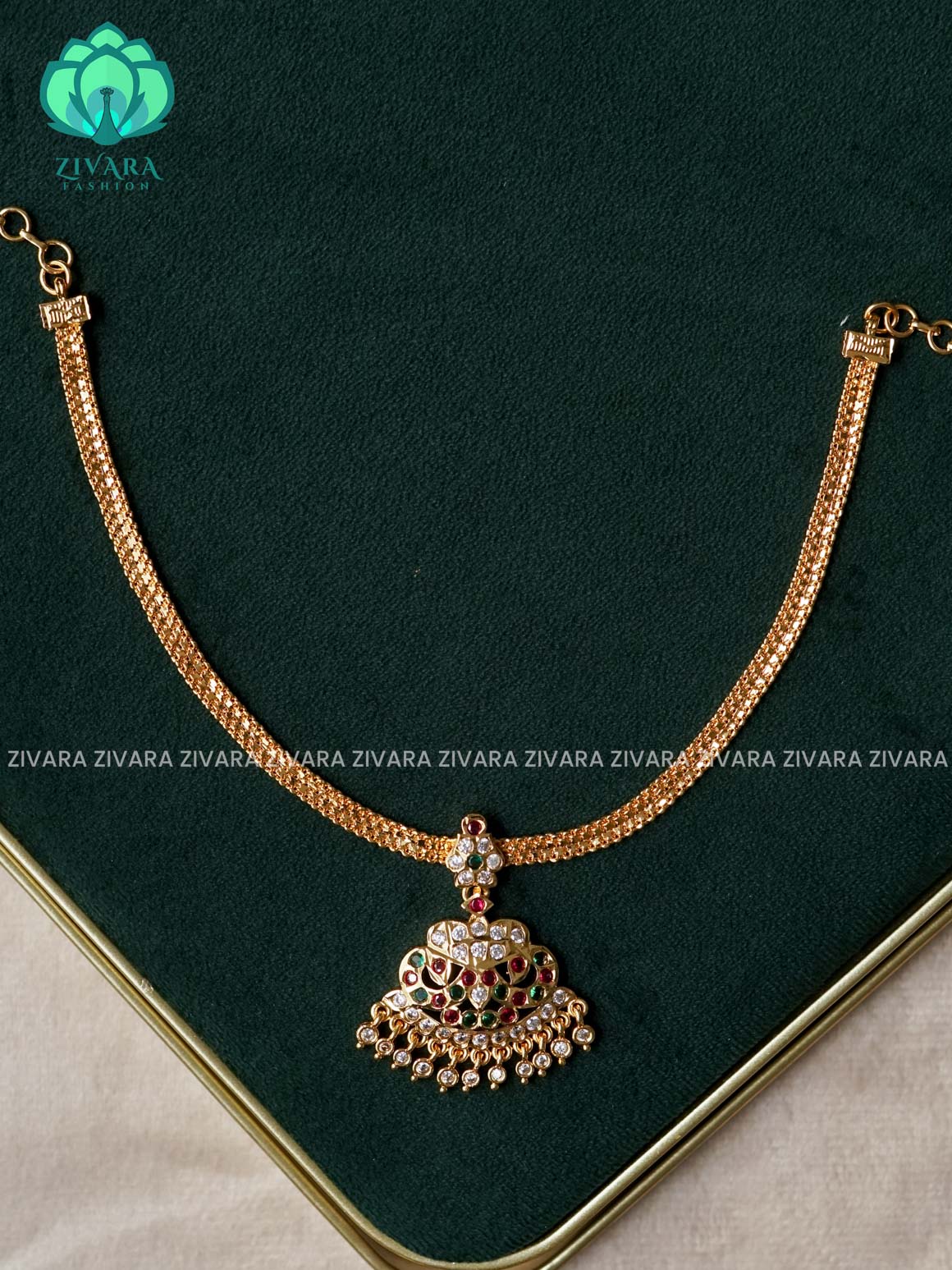 AMBIGAI- WHITE AND RUBY GREEN STONE  MICROGOLD POLISH ATTIGAI - Zivara Fashion- latest jewellery design