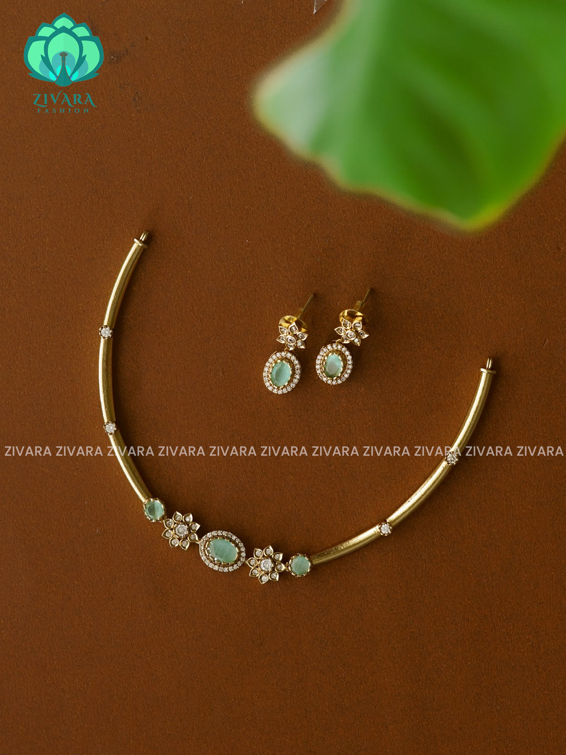 Pastel green Simple and cute hasli - Traditional south indian premium neckwear with earrings- Zivara Fashion- latest jewellery design