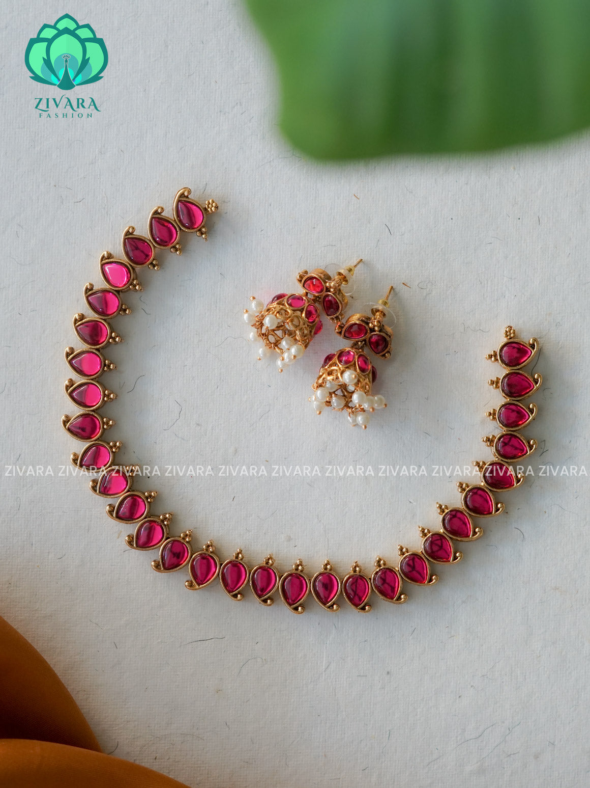 PINK -Traditional south indian NORMAL MATTE neckwear with earrings- Zivara Fashion- latest jewellery design