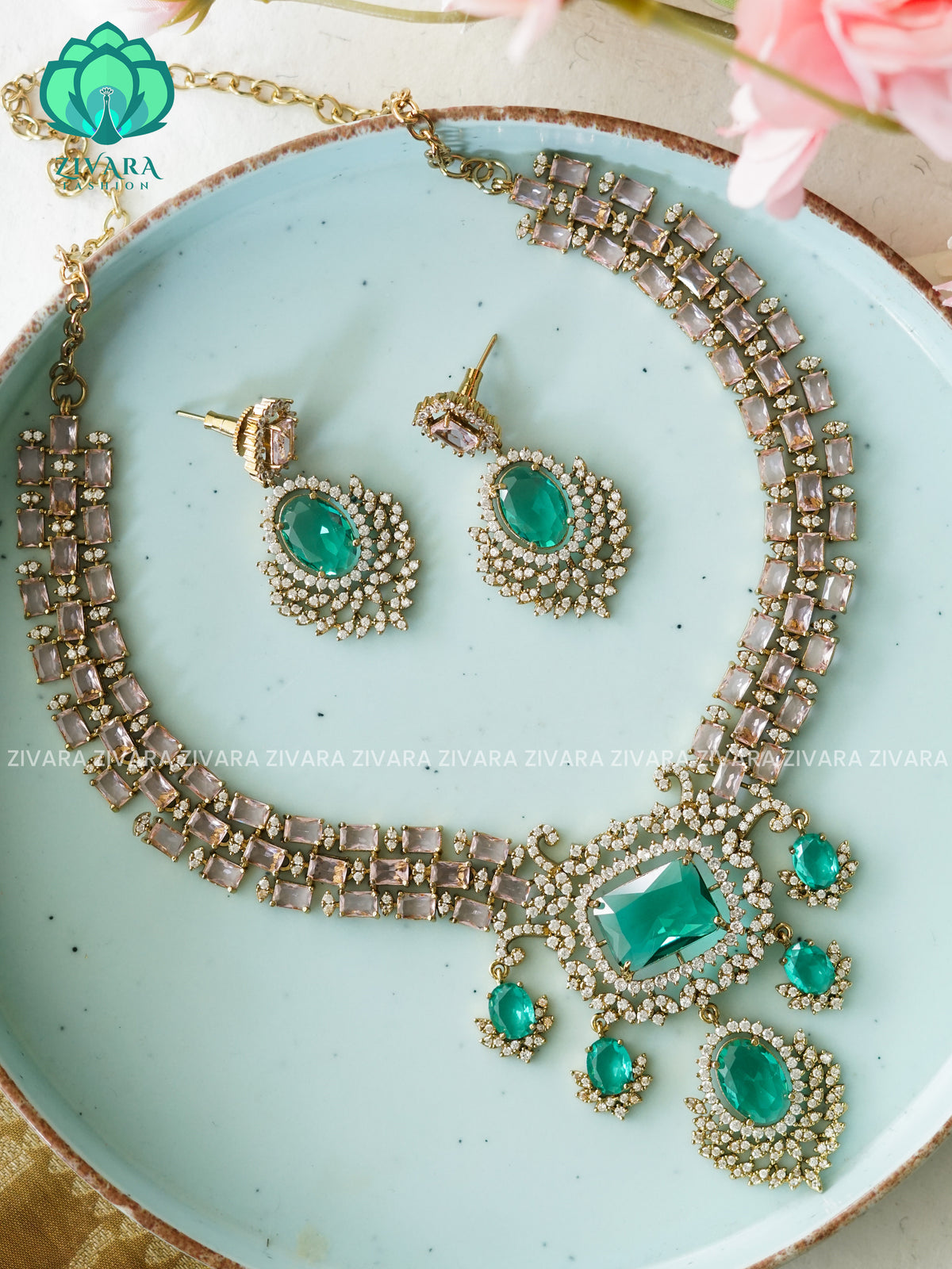 Pastel green and pink - Step /layered - SUBTLE GOLD FINISH stylish and minimal elegant neckwear with earrings- Zivara Fashion