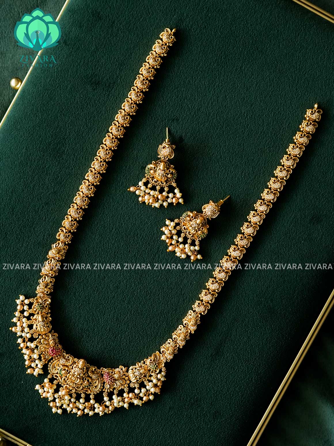 TEMPLE HAARAM WITH HANGINGS - Traditional PREMIUM MATTE polish MIDCHEST haaram/neckwear with earrings- Zivara Fashion
