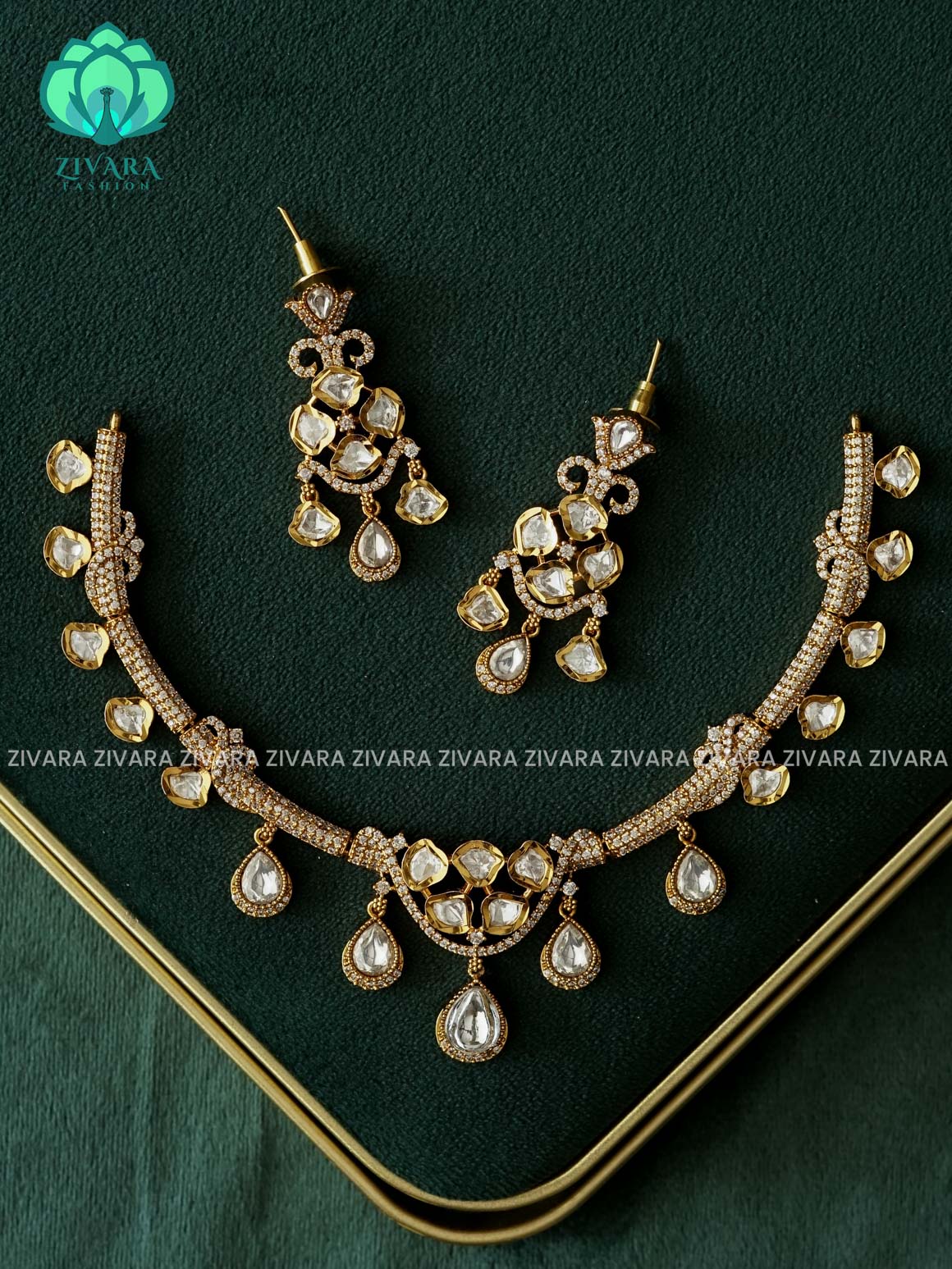POLKI WHITE STONE TEAR AND CURVY MOTIF - stylish and minimal elegant neckwear with earrings- Zivara Fashion
