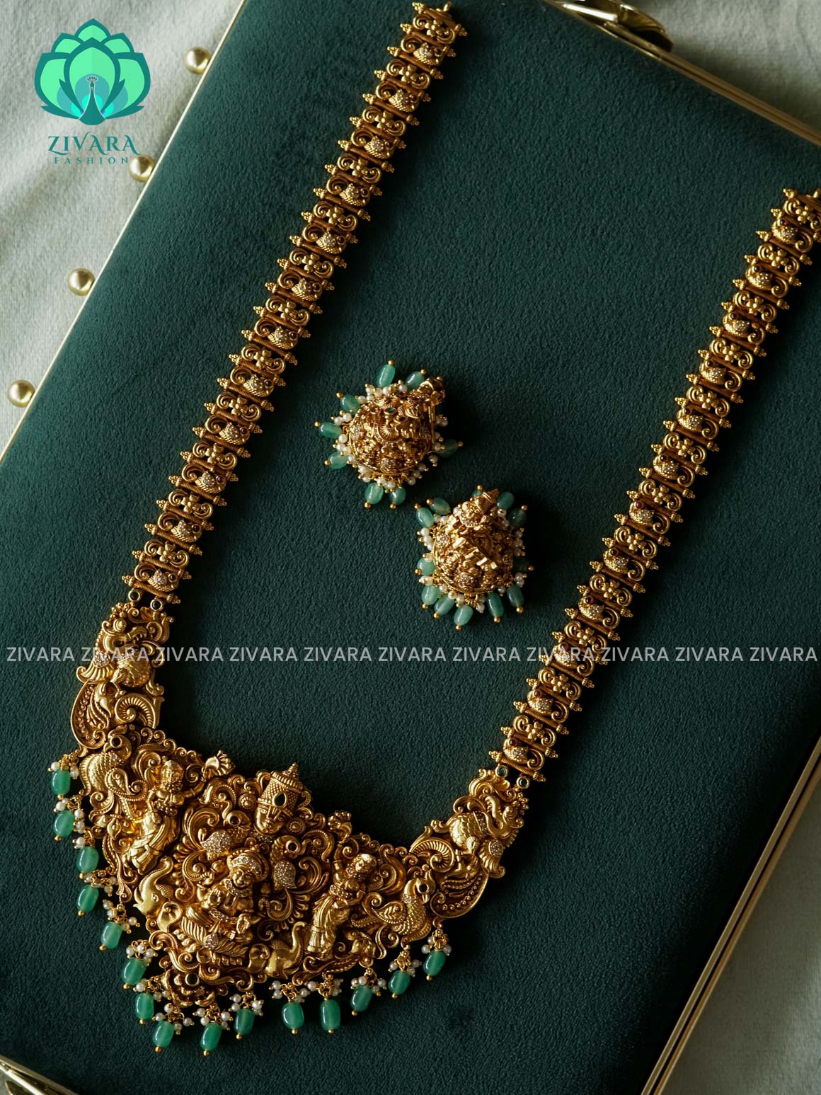 TEMPLE BRIDAL - Traditional PREMIUM MATTE polish MIDCHEST haaram/neckwear with earrings- Zivara Fashion