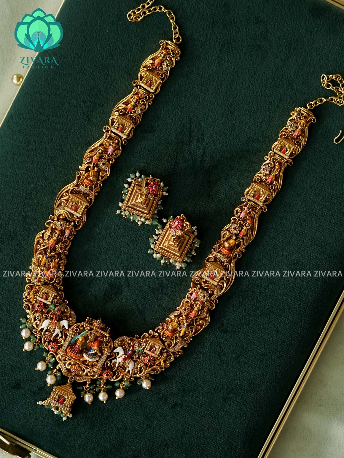 MADHURYA - PELLIKUTHURU GRAND BRIDAL VINTAGE FINISH handpainted HAARAM - Traditional south indian premium neckwear with earrings- Zivara Fashion