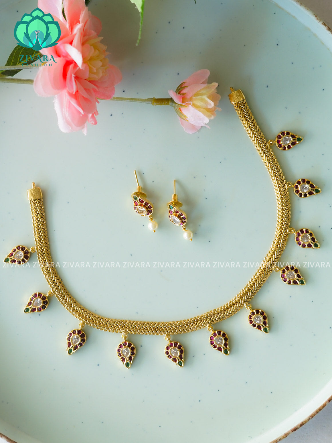 Ruby - Stone mango- Traditional south indian premium neckwear with earrings- Zivara Fashion- latest jewellery design