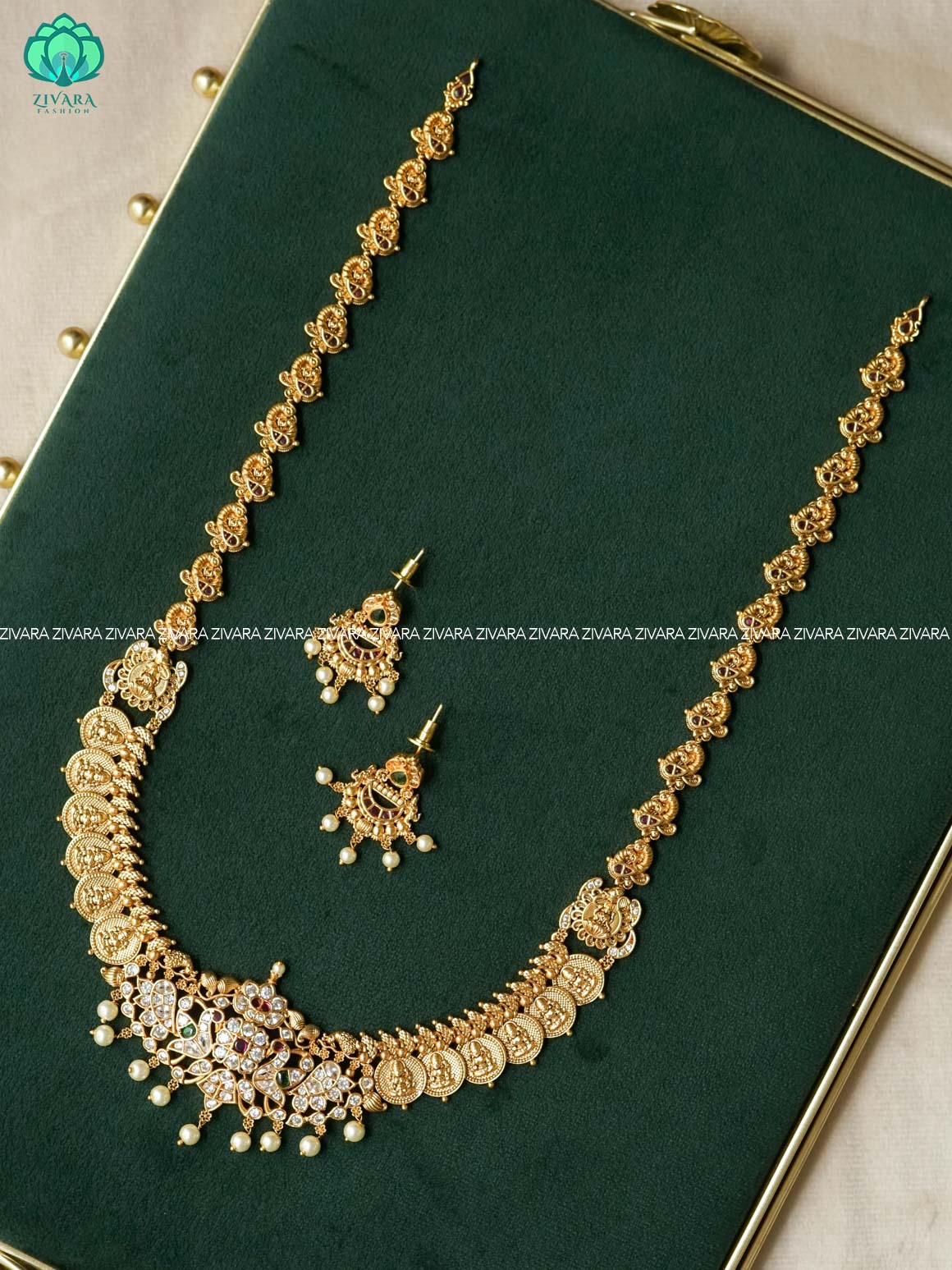 AKSHAYAM -  BRIDAL PEACOCK WITH COIN  - Traditional south indian premium  MIDCHEST haaram with earrings- Zivara Fashion