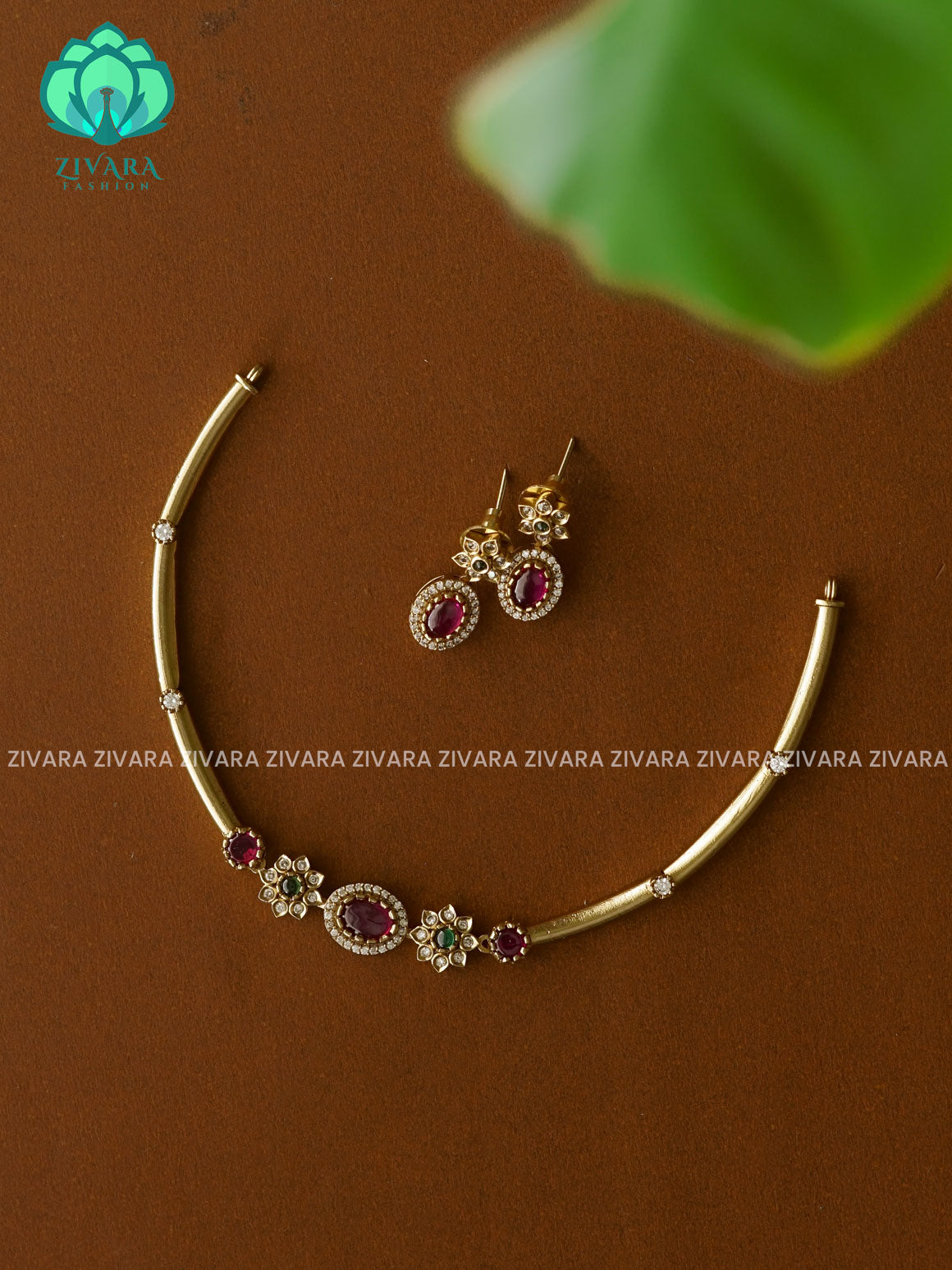 Ruby and green Simple and cute hasli - Traditional south indian premium neckwear with earrings- Zivara Fashion- latest jewellery design