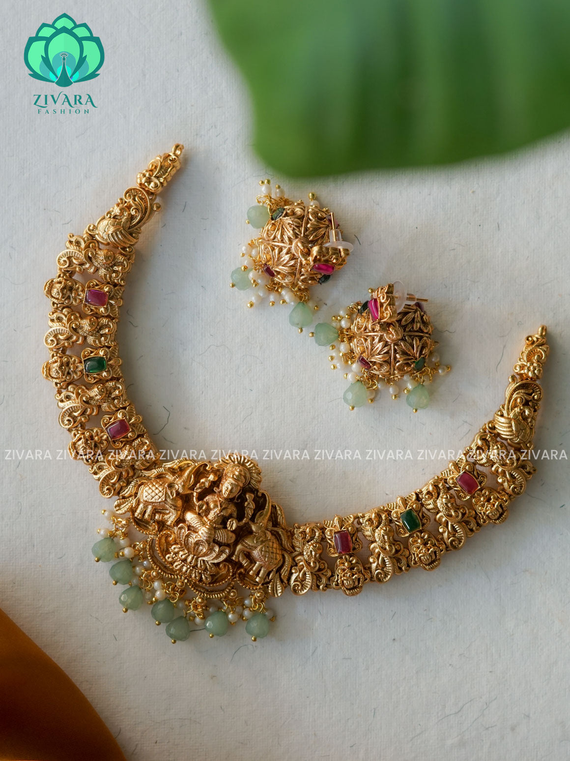 GREEN BEADS HEAVY TEMPLE NORMAL MATTE neckwear with earrings- Zivara Fashion- latest jewellery design