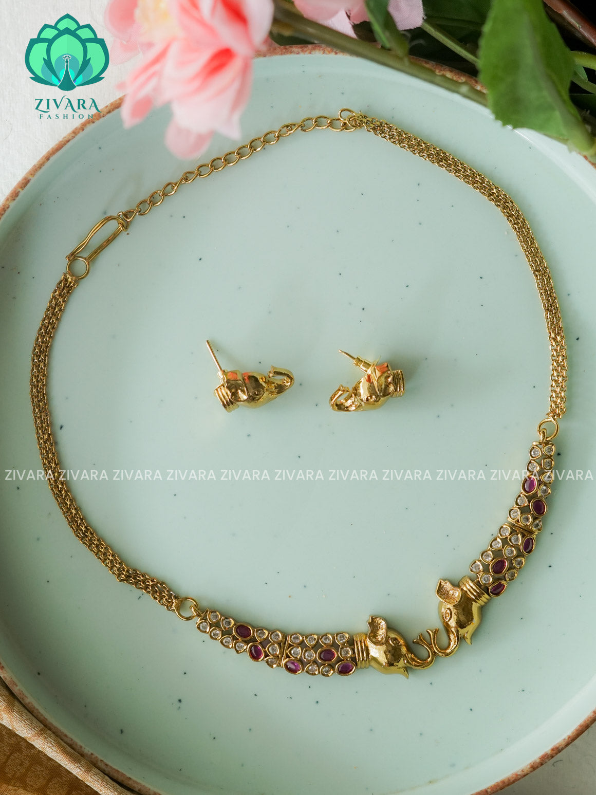 RUBY  KIDS FRIENDLY ELEPHANT HASLI  -Traditional south indian premium neckwear with earrings- Zivara Fashion- latest jewellery design