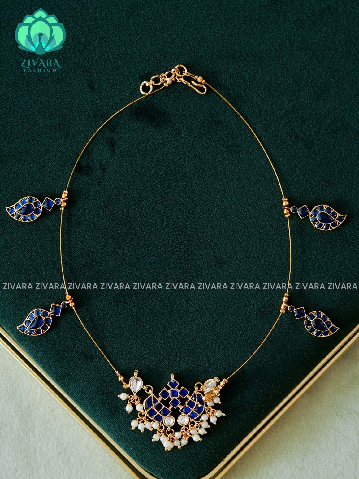 KAMALI - BLUE JADAU  -TAMARA INVISIBLE MINIMAL ELEGANT HANDMADE NECKLACE WITH BRILLIANT FINISH MOTIFS- ZIVARA FASHION