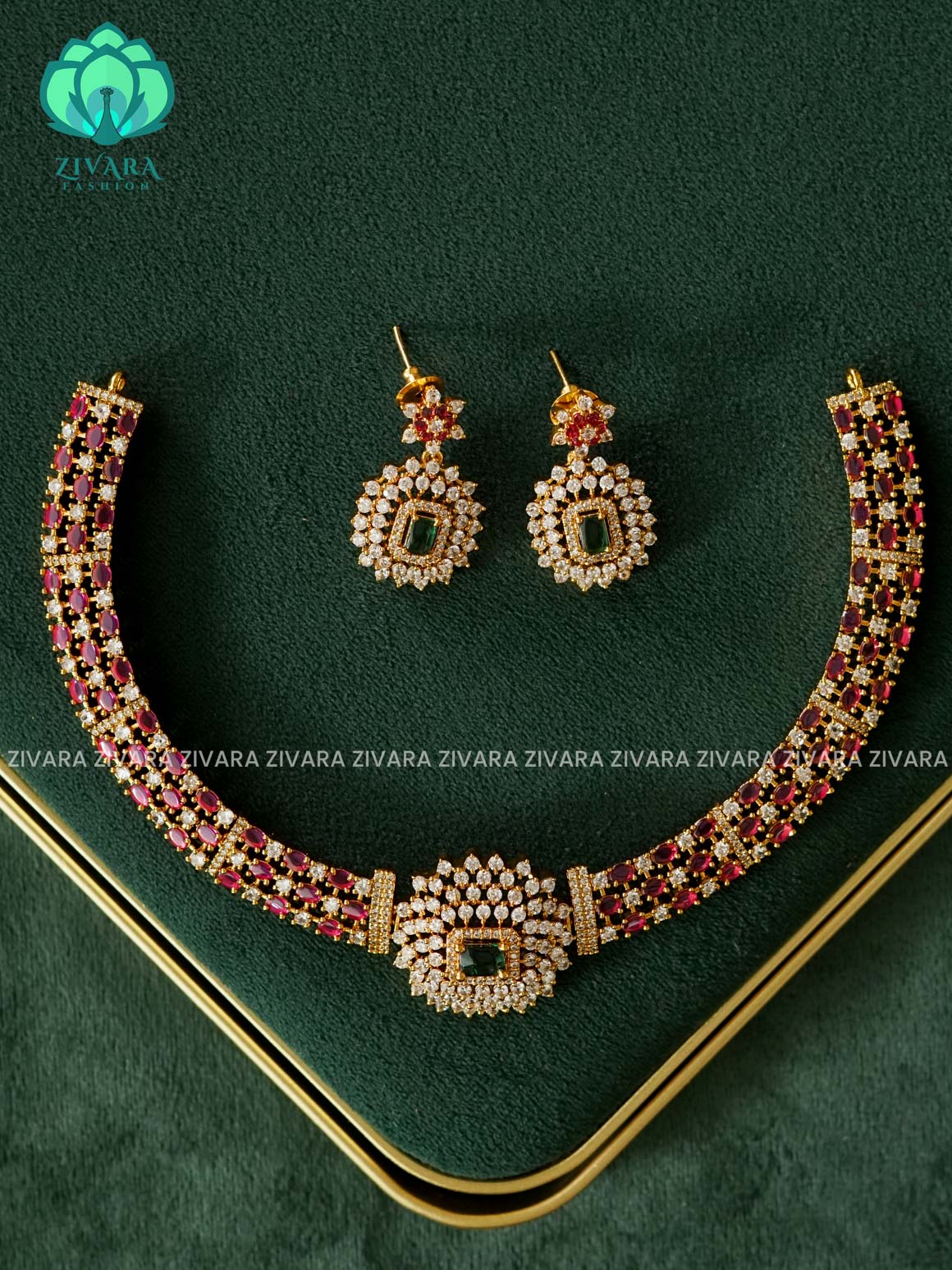 RUBY GREEN WHITE STONE HASLI ELEGANT NECKWEAR  - Stylish and minimal elegant neckwear with earrings- Zivara Fashion