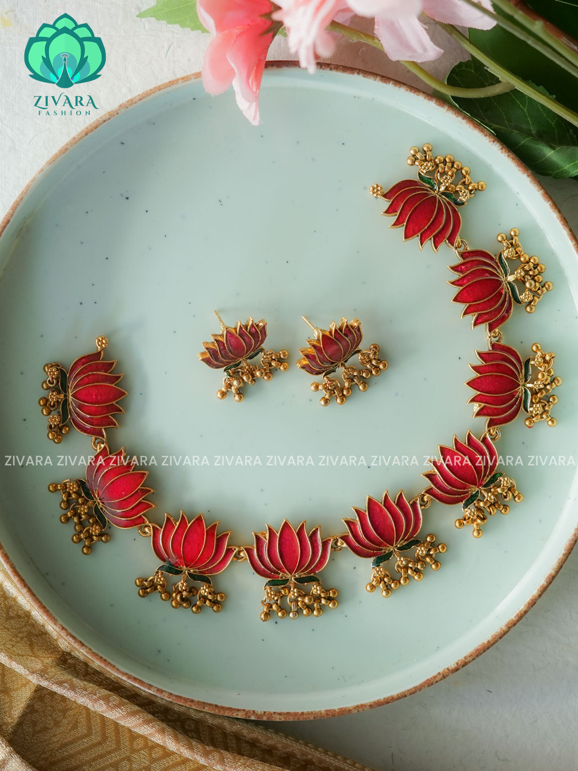 BIG SIZE MANJU WARRIER  inspired Trending NORMAL MATTE lotus enamel neckwear with earrings- Zivara Fashion- latest jewellery design