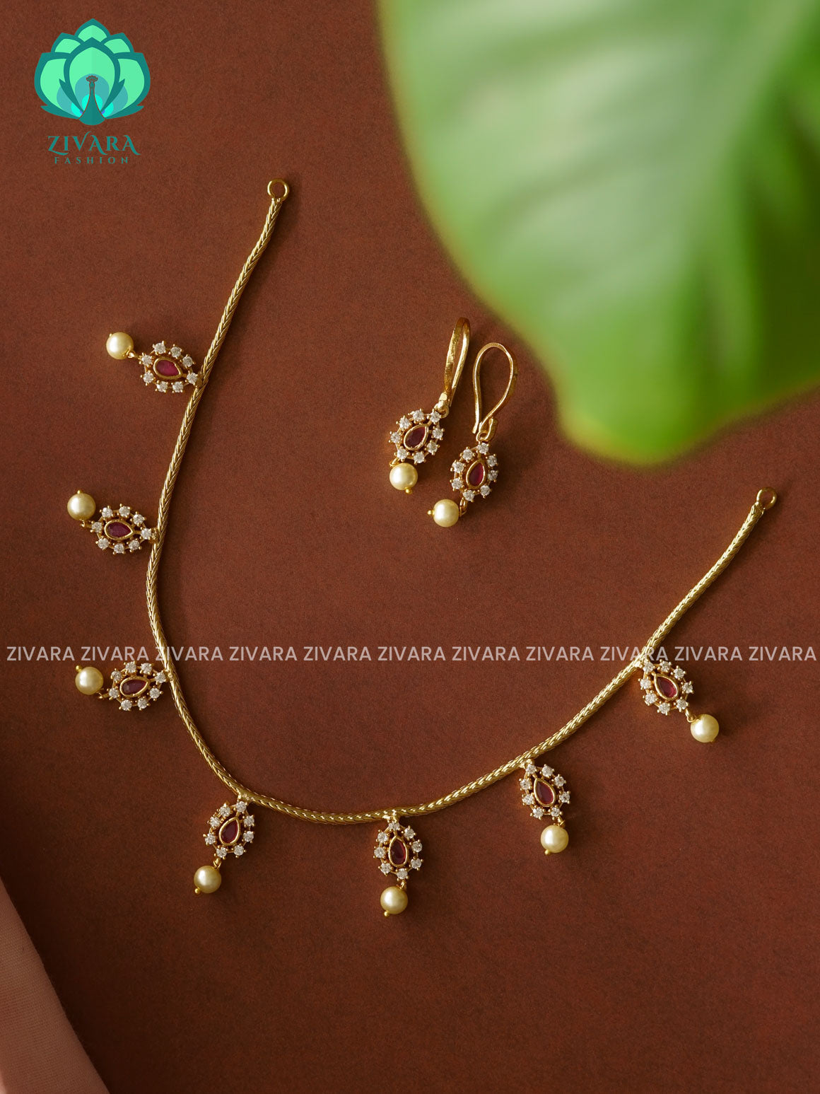 RUBY  TEAR- FLEXIBLE CHAIN WITH HANGING -Traditional south indian premium neckwear with earrings- Zivara Fashion- latest jewellery design