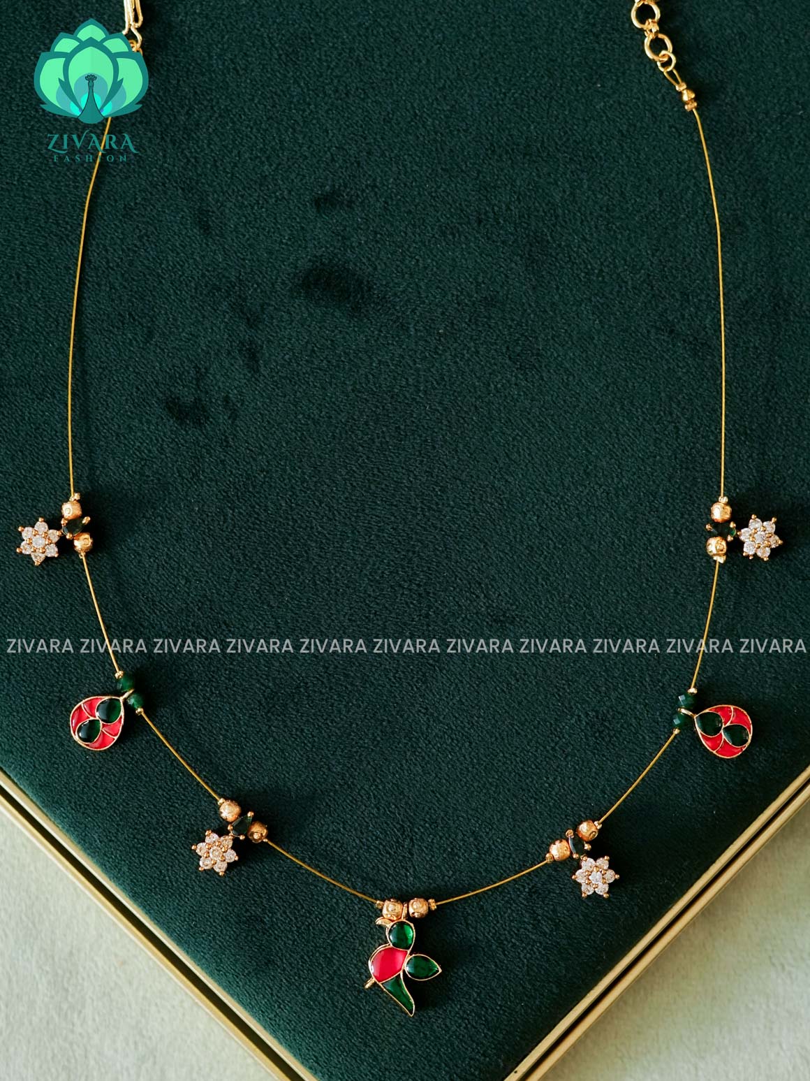KAMALI -PARROT  -TAMARA INVISIBLE MINIMAL ELEGANT HANDMADE NECKLACE WITH BRILLIANT FINISH MOTIFS- ZIVARA FASHION