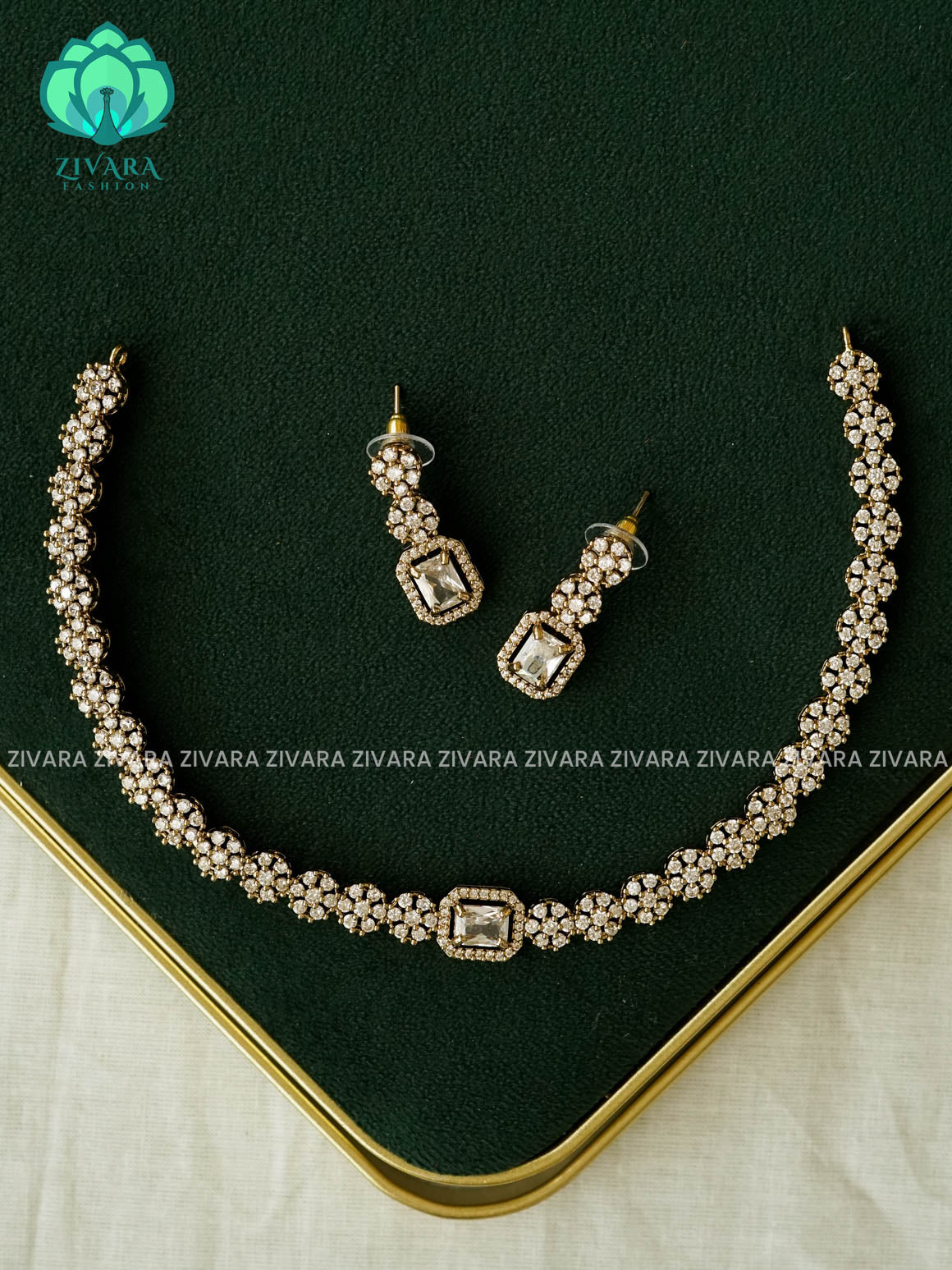 WHITE - SQUARE STONE ELEGANT  - PREMIUM MATTE FINISH  stylish and minimal elegant neckwear with earrings- Zivara Fashion