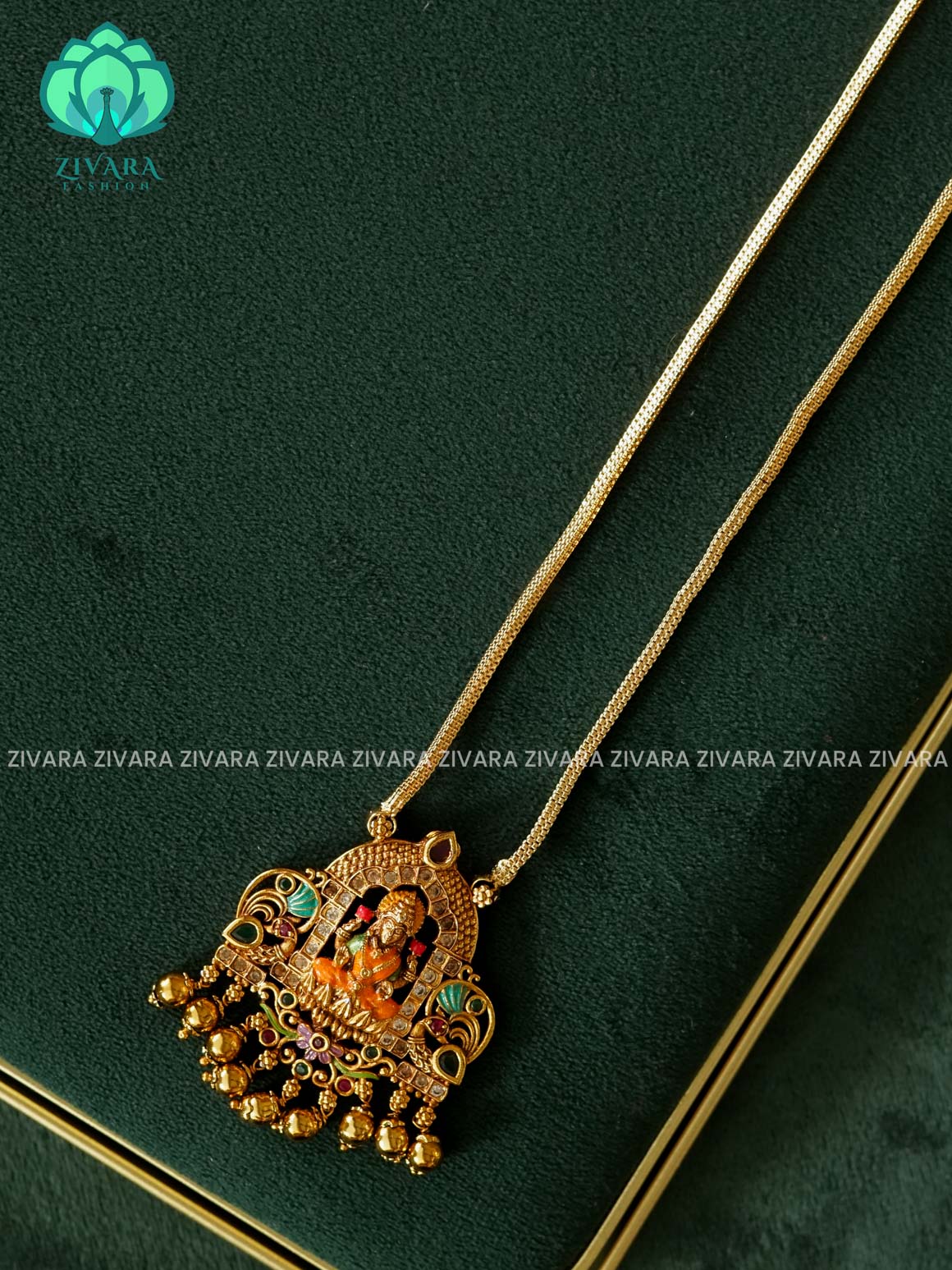 MADHURYA- LAKSHMI  PENDANT - HAND PAINTED-VINTAGE TEMPLE PENDANT WITH CHAIN - Traditional PREMIUM MATTE polish MIDCHEST neckwear - Zivara Fashion