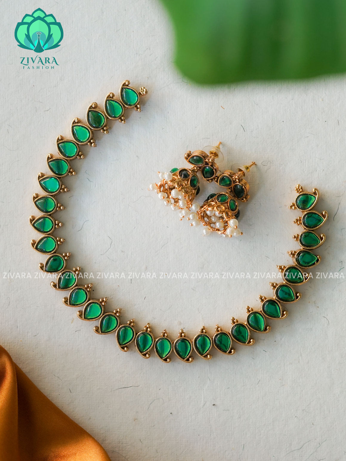 GREEN -Traditional south indian NORMAL MATTE neckwear with earrings- Zivara Fashion- latest jewellery design