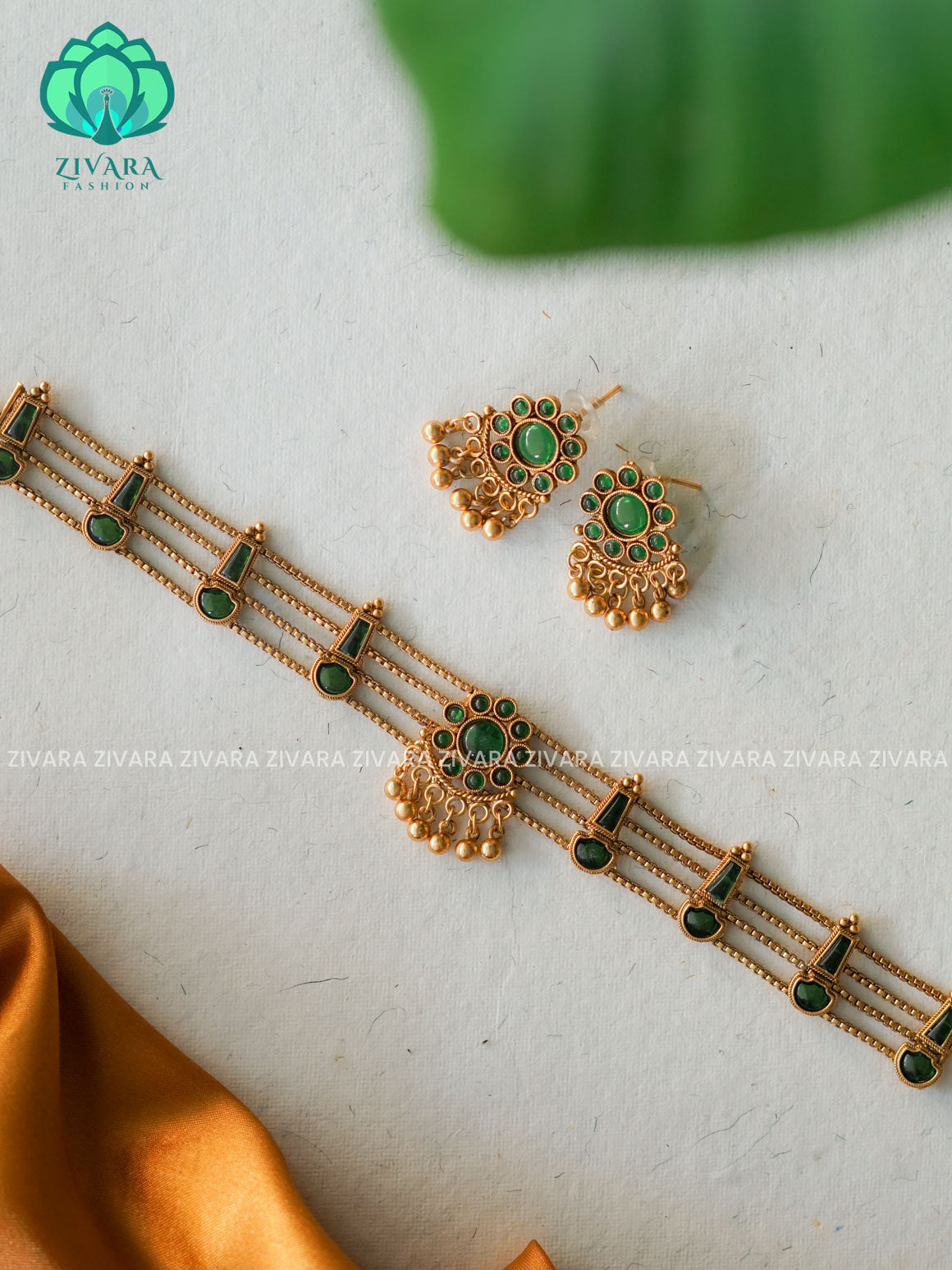 GREEN FLOWER SIMPLE CHAIN - Trending  normal quality temple choker with earrings-latest south indian jewellery