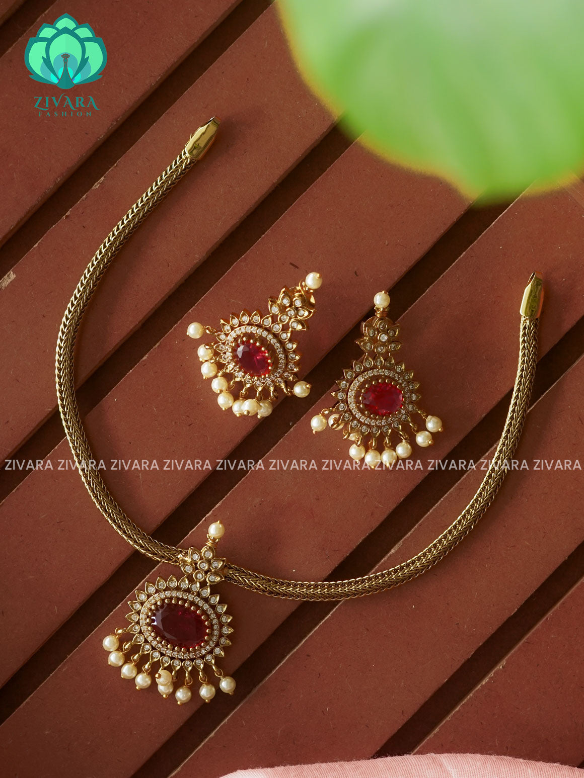 RUBY  - Flexible chain OVAL   pendant -Traditional south indian premium neckwear with earrings- Zivara Fashion- latest jewellery design