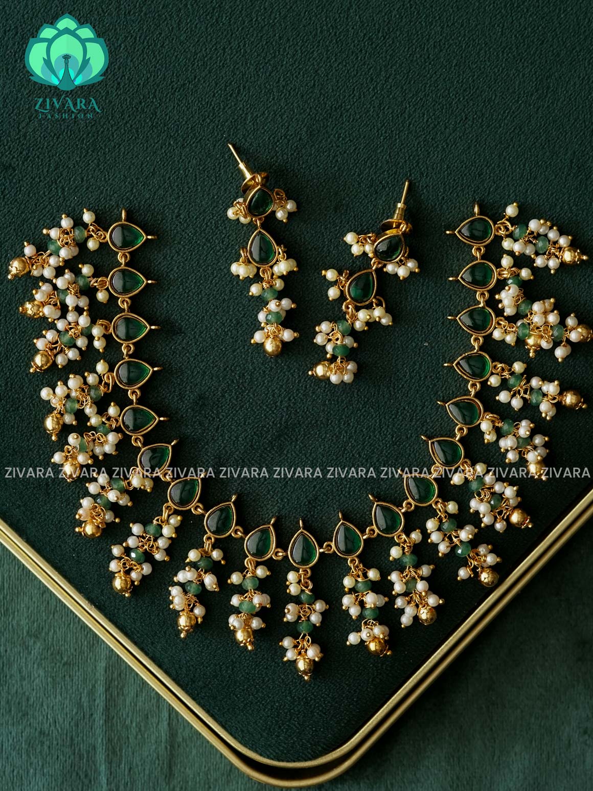 AKSHAYAM - Simple GREEN Trending  neckwear with pearl hangings - Zivara Fashion - latest jewellery design