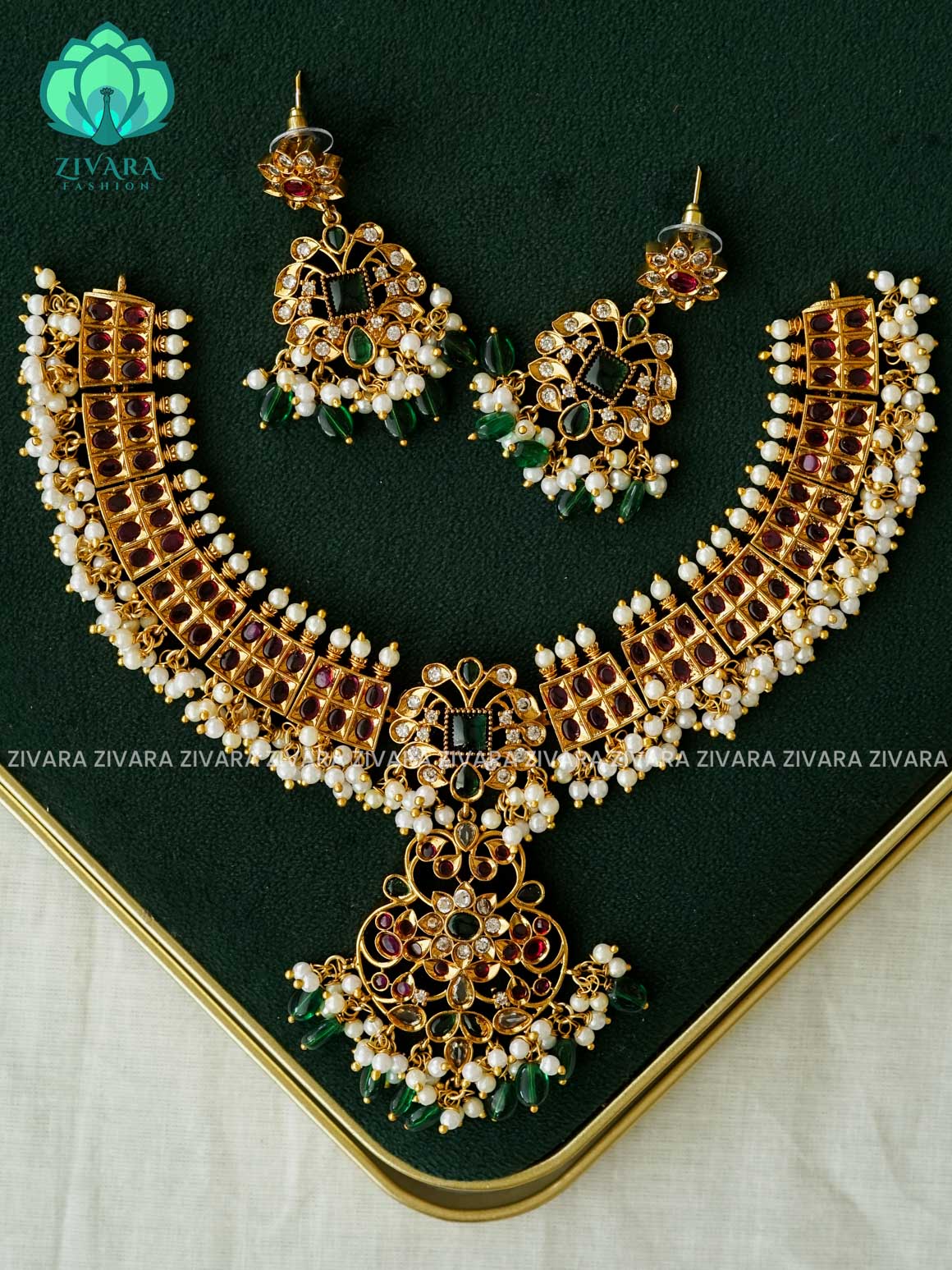 AKSHAYAM -  REAL KEMP MOTIF neckwear with beads hangings with earrings - Zivara Fashion
