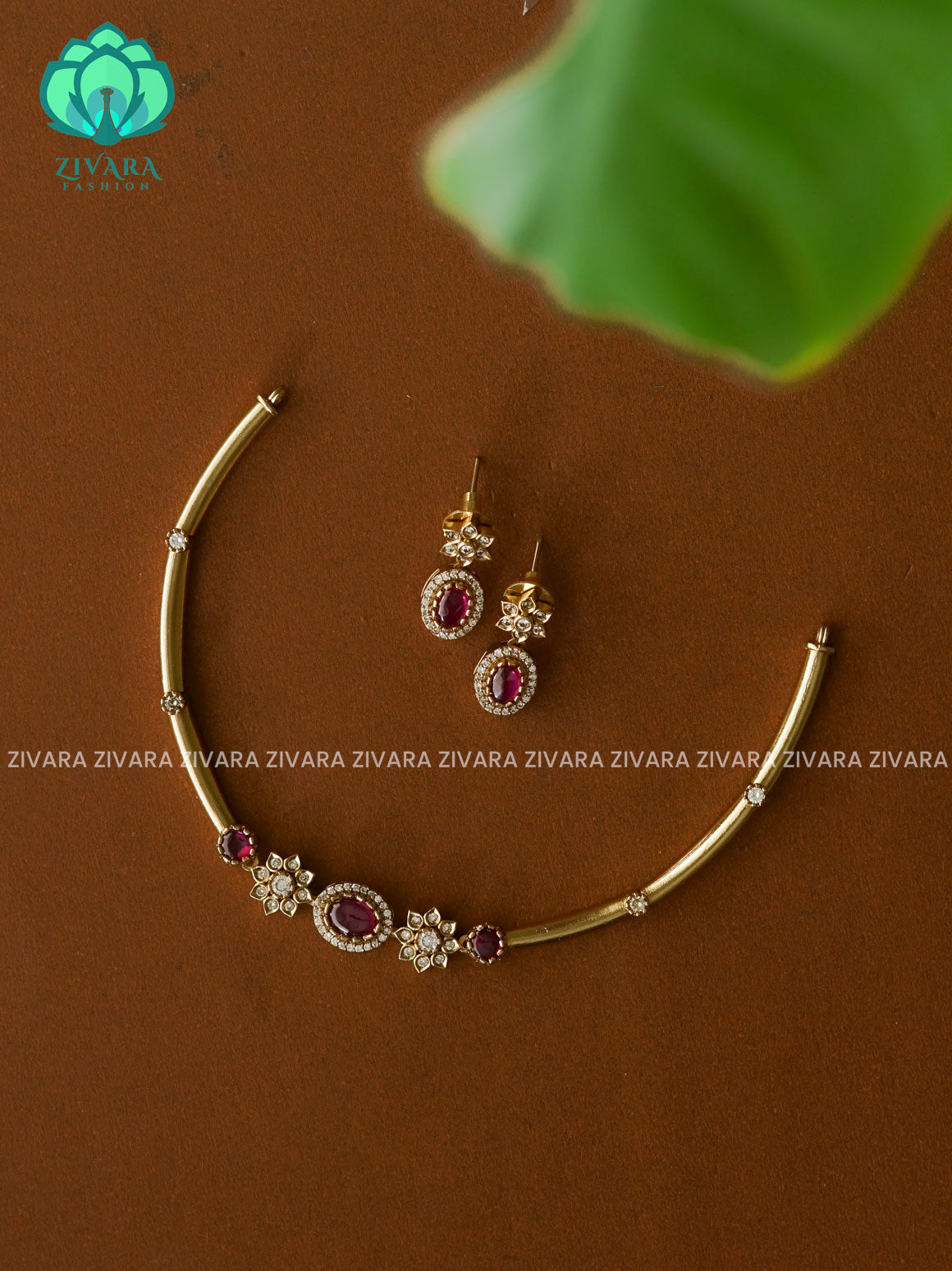 Ruby and white Simple and cute hasli - Traditional south indian premium neckwear with earrings- Zivara Fashion- latest jewellery design