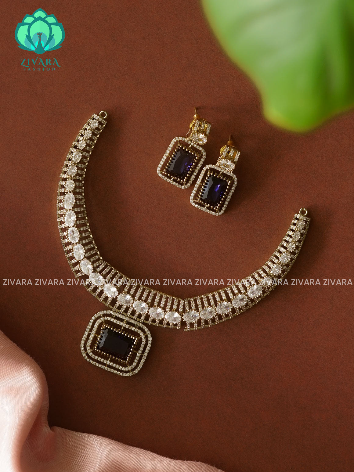 PURPLE - Square pendant Bridal hasli - stylish and minimal elegant neckwear with earrings- Zivara Fashion