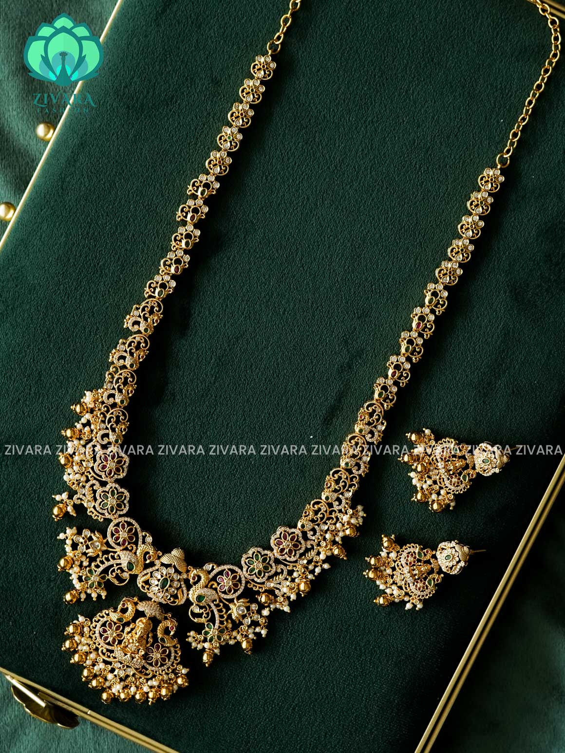 TEMPLE BRIDAL - Traditional PREMIUM MATTE polish MIDCHEST haaram/neckwear with earrings- Zivara Fashion