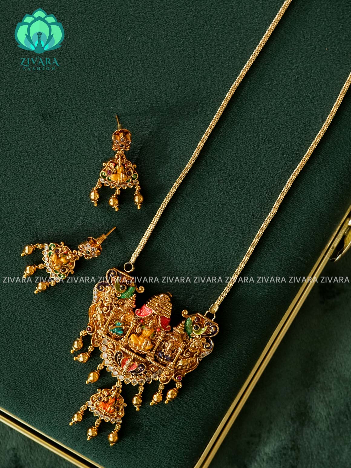 MADHURYA- LAKSHMI GOPURAM - HAND PAINTED-VINTAGE TEMPLE PENDANT WITH CHAIN - Traditional PREMIUM MATTE polish MIDCHEST neckwear - Zivara Fashion
