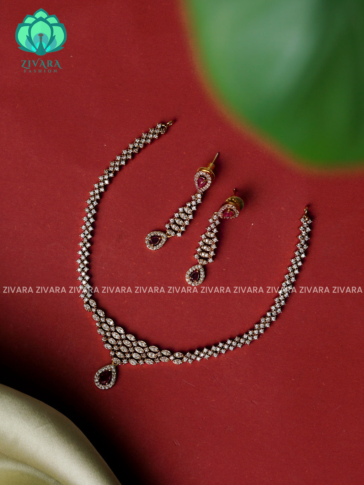 RUBY- SMALL SIZE Diamond look alike stone pendant - stylish and minimal elegant neckwear with earrings- Zivara Fashion