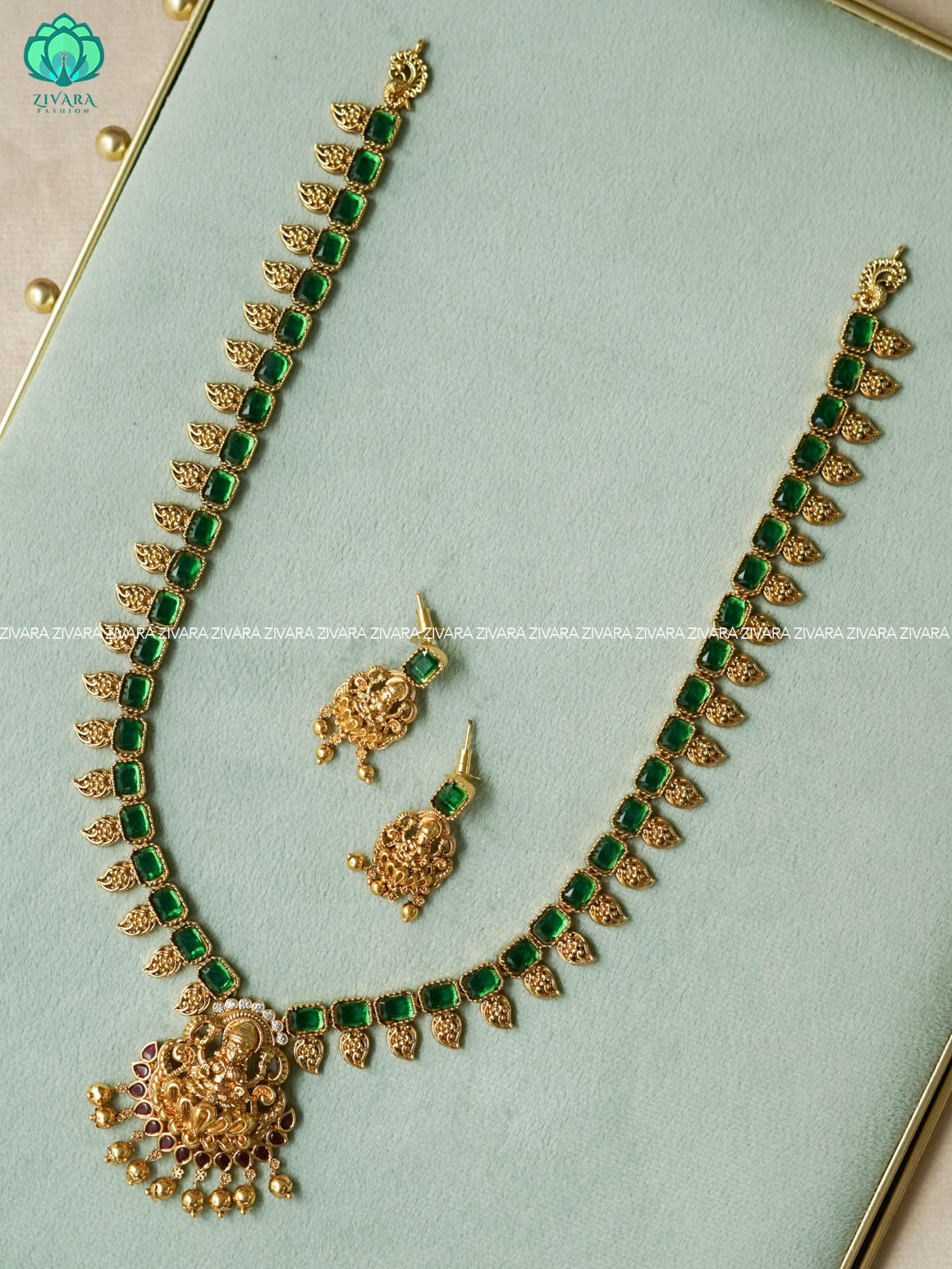 VINTAGE TEMPLE BRIDAL LONG - Traditional PREMIUM MATTE polish MIDCHEST haaram/neckwear with earrings- Zivara Fashion