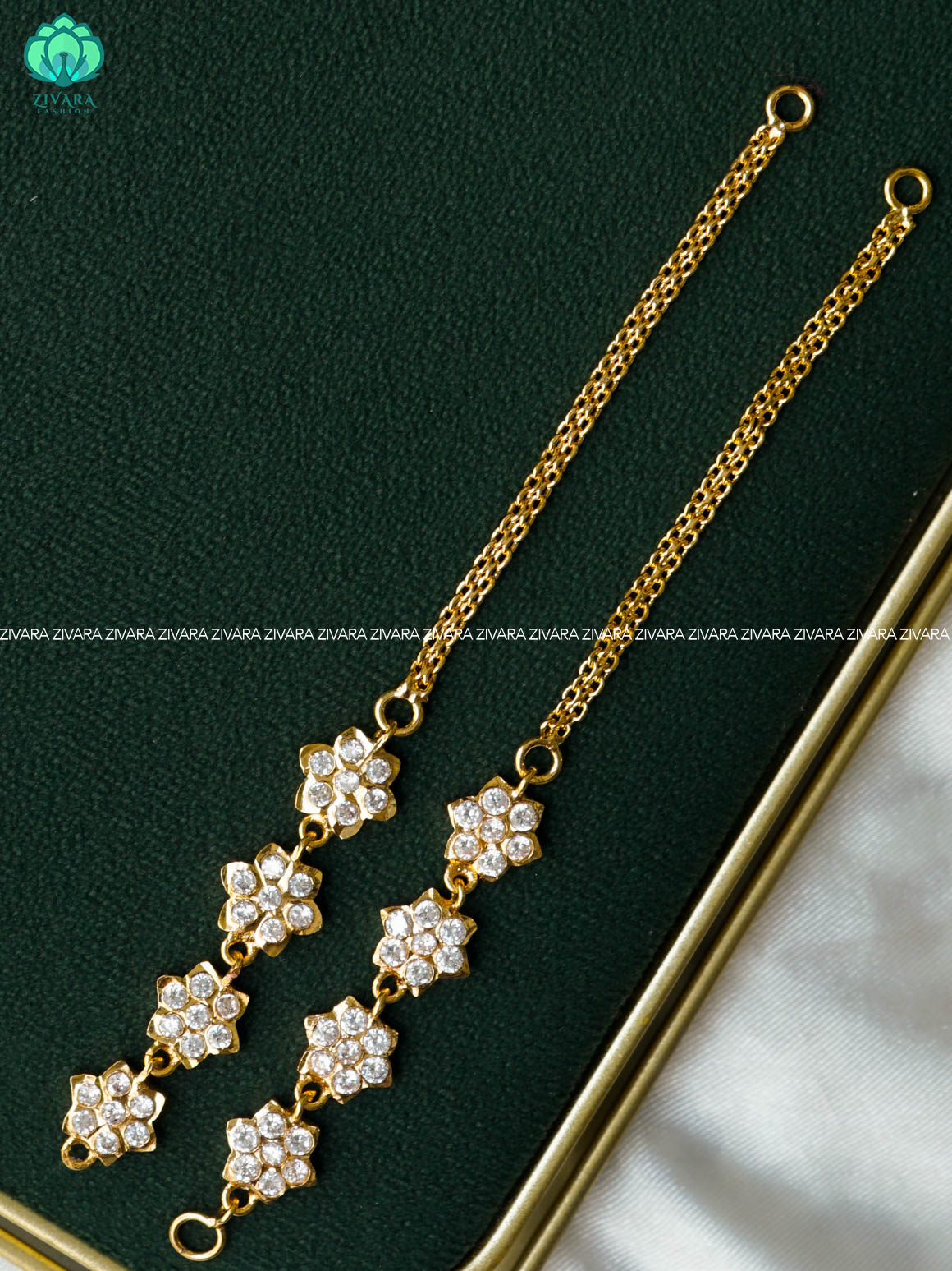 AMBIGAI - WHITE STONE FLOWER  MICROGOLD POLISH straight  earchain maatal- south indian kemp bridal accessory