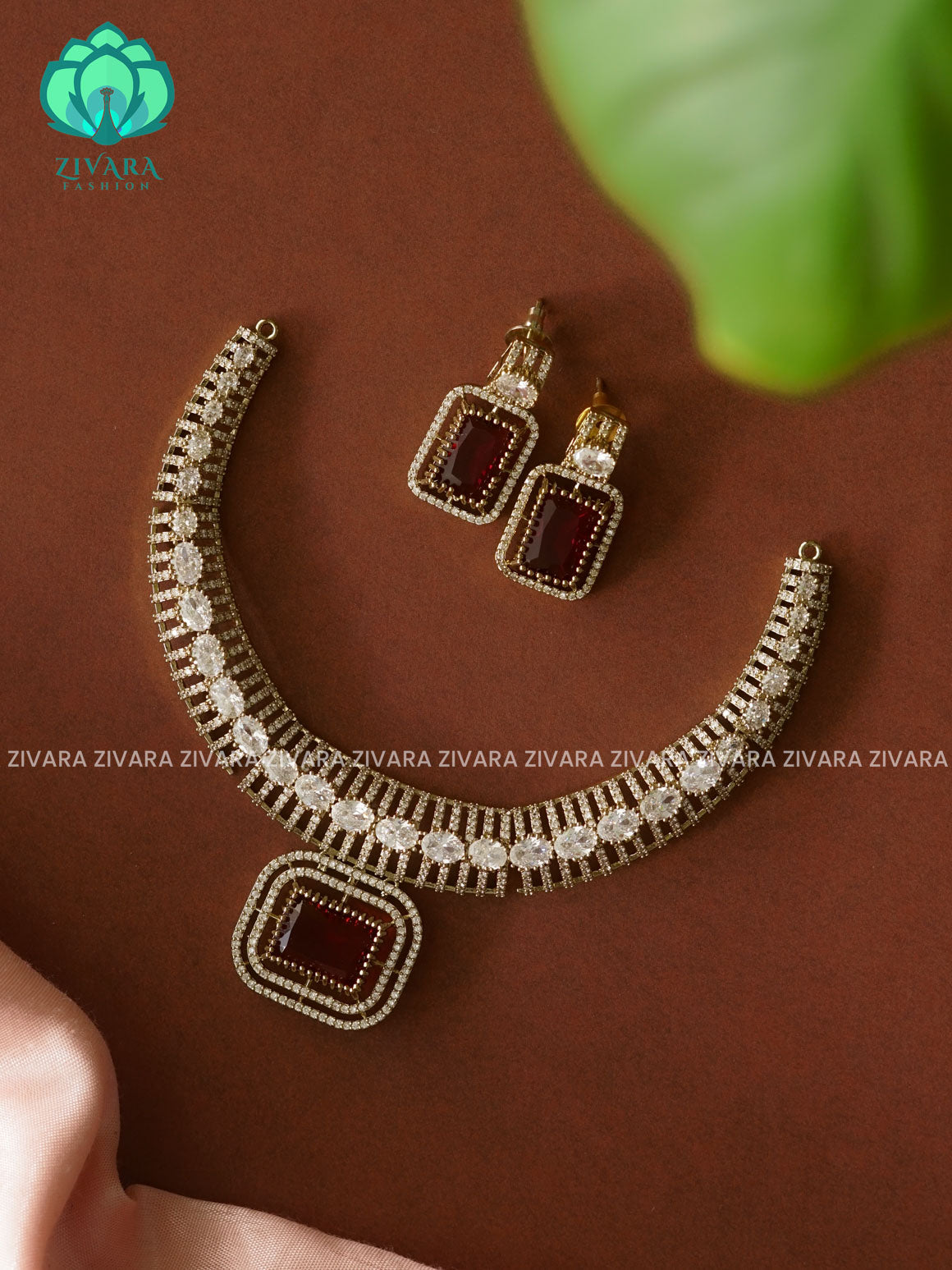 RUBY - Square pendant Bridal hasli - stylish and minimal elegant neckwear with earrings- Zivara Fashion