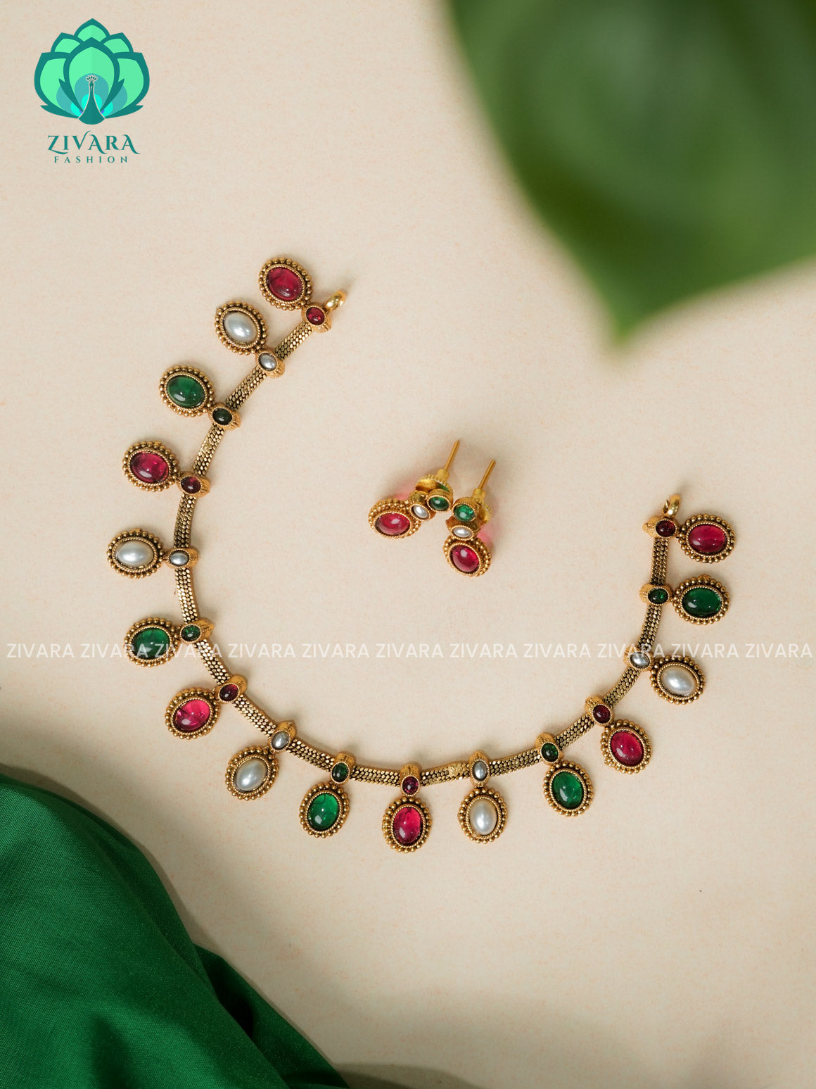 RUBY WHITE GREEN-OVAL MOTIF NORMAL MATTE neckwear with earrings- Zivara Fashion- latest jewellery design