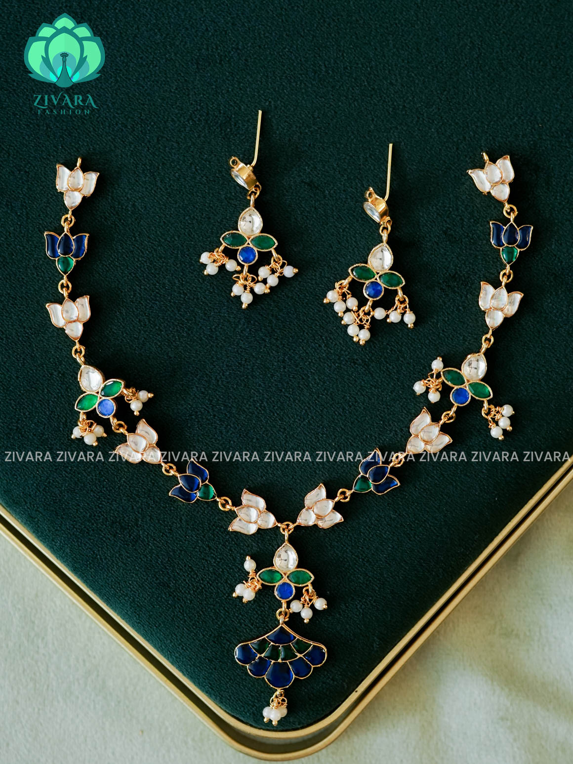 KAMALI -WHITE GREEN JADAU HANDMADE NECKWEAR WITH GREEN BEADS HANGINGS - Zivara Fashion - latest jewellery design