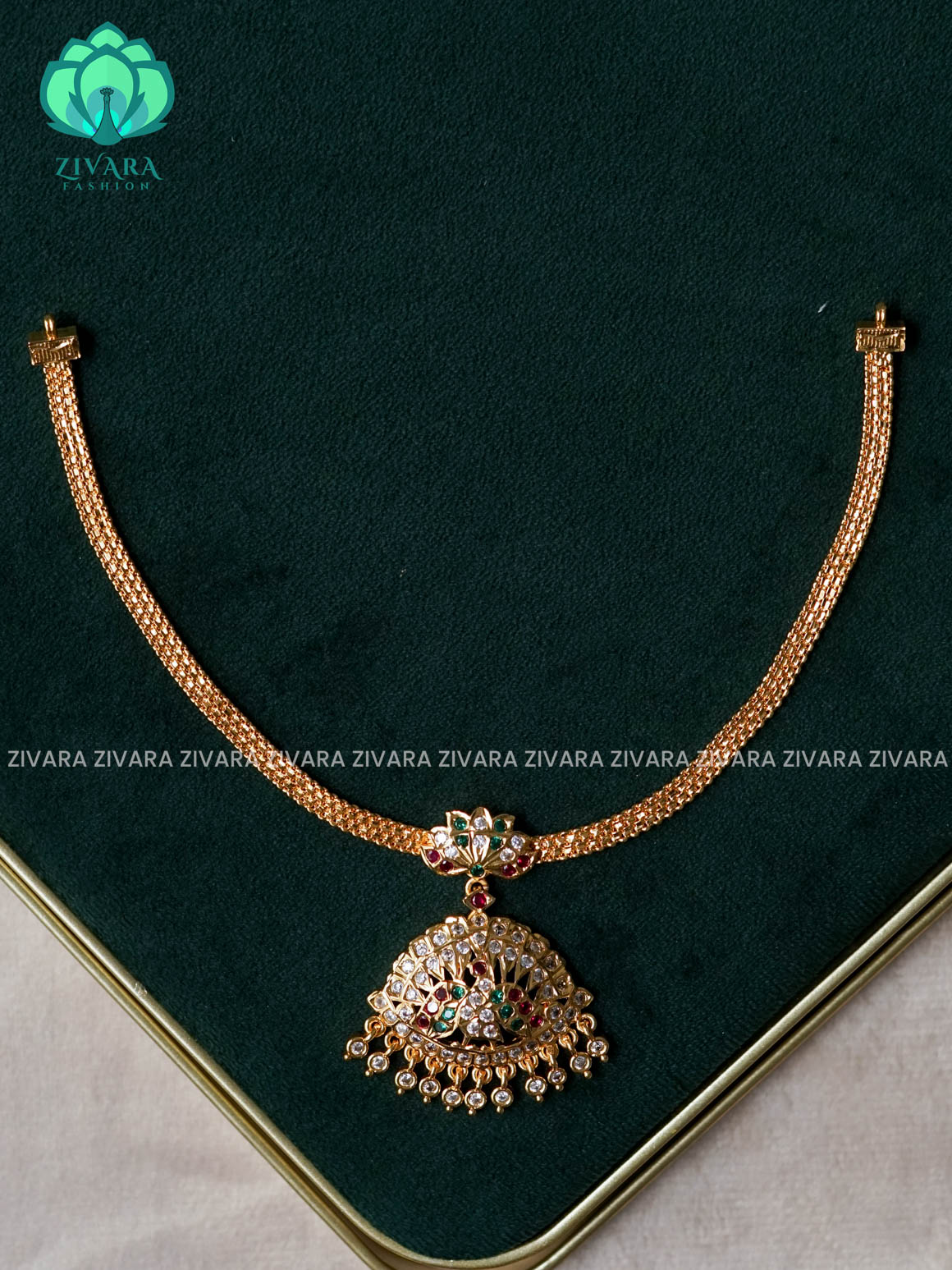 AMBIGAI- PEACOCK  RUBY GREEN STONE  MICROGOLD POLISH ATTIGAI - Zivara Fashion- latest jewellery design
