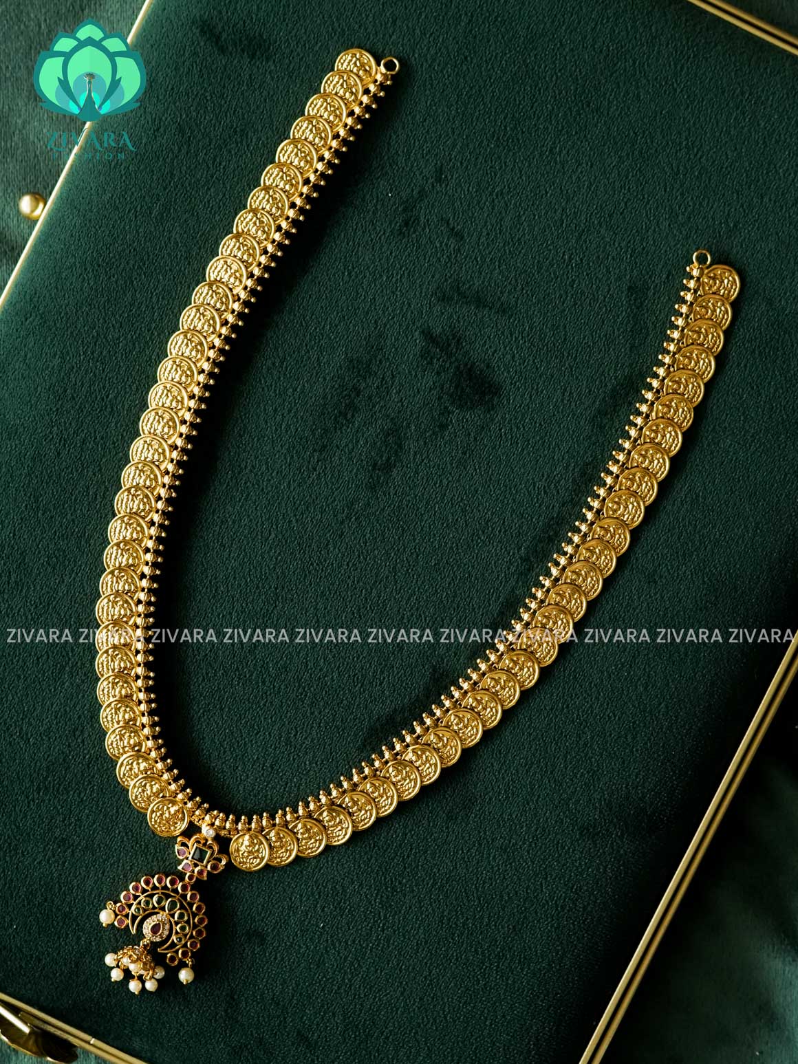 RUBY GREEN STONE  WITH COIN - Traditional PREMIUM MIDCHEST haaram/neckwear with earrings- Zivara Fashion