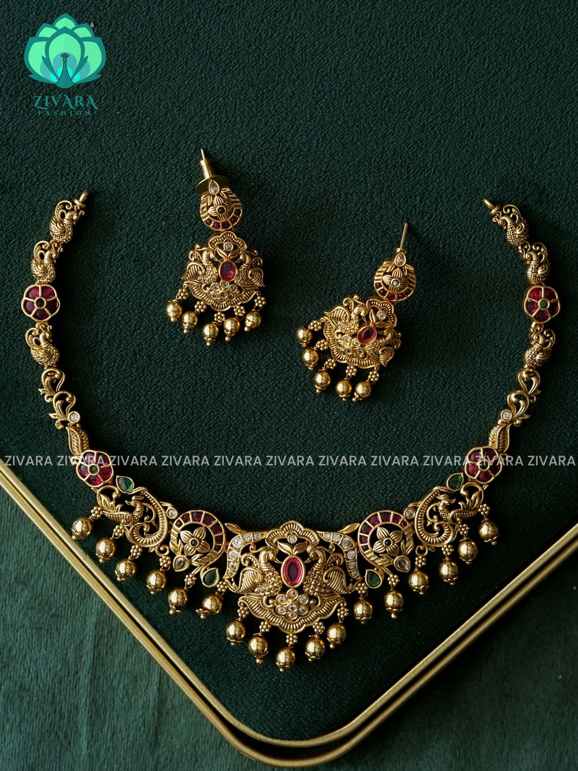PEACOCK NECKWEAR WITH GOLD PEARL HANGINGS  - Traditional PREMIUM neckwear with earrings- Zivara Fashion