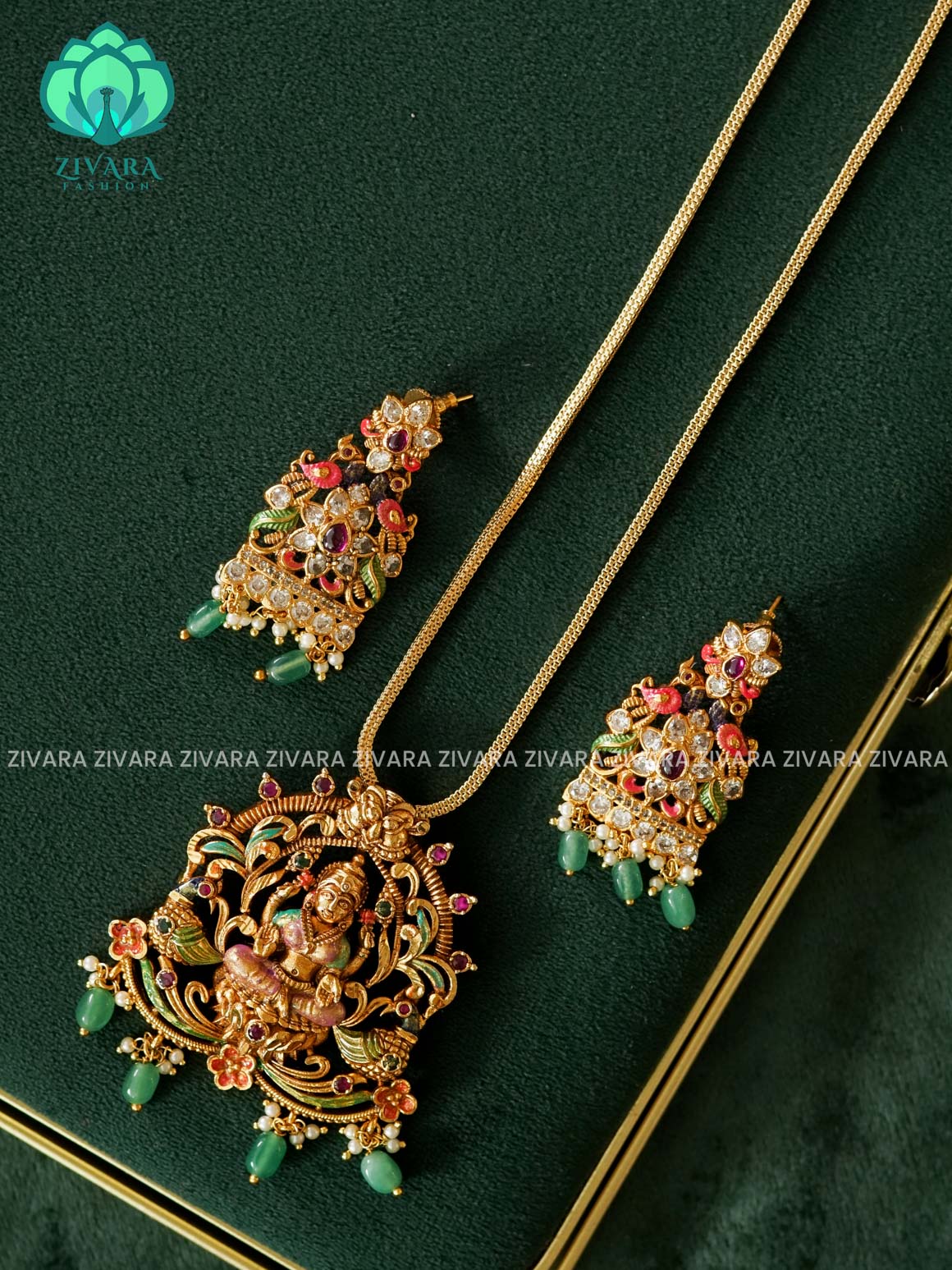 MADHURYA- LAKSHMI WITH GREEN BEADS HANGINGS - HAND PAINTED-VINTAGE TEMPLE PENDANT WITH CHAIN - Traditional PREMIUM MATTE polish MIDCHEST neckwear - Zivara Fashion