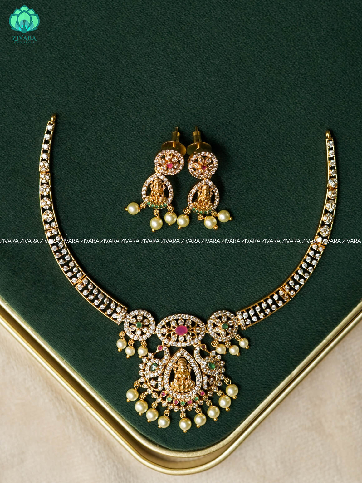 TRADITIONAL PEACOCK WITH TEMPLE  HASLI - stylish and minimal elegant neckwear WITH EARRINGS- Zivara Fashion